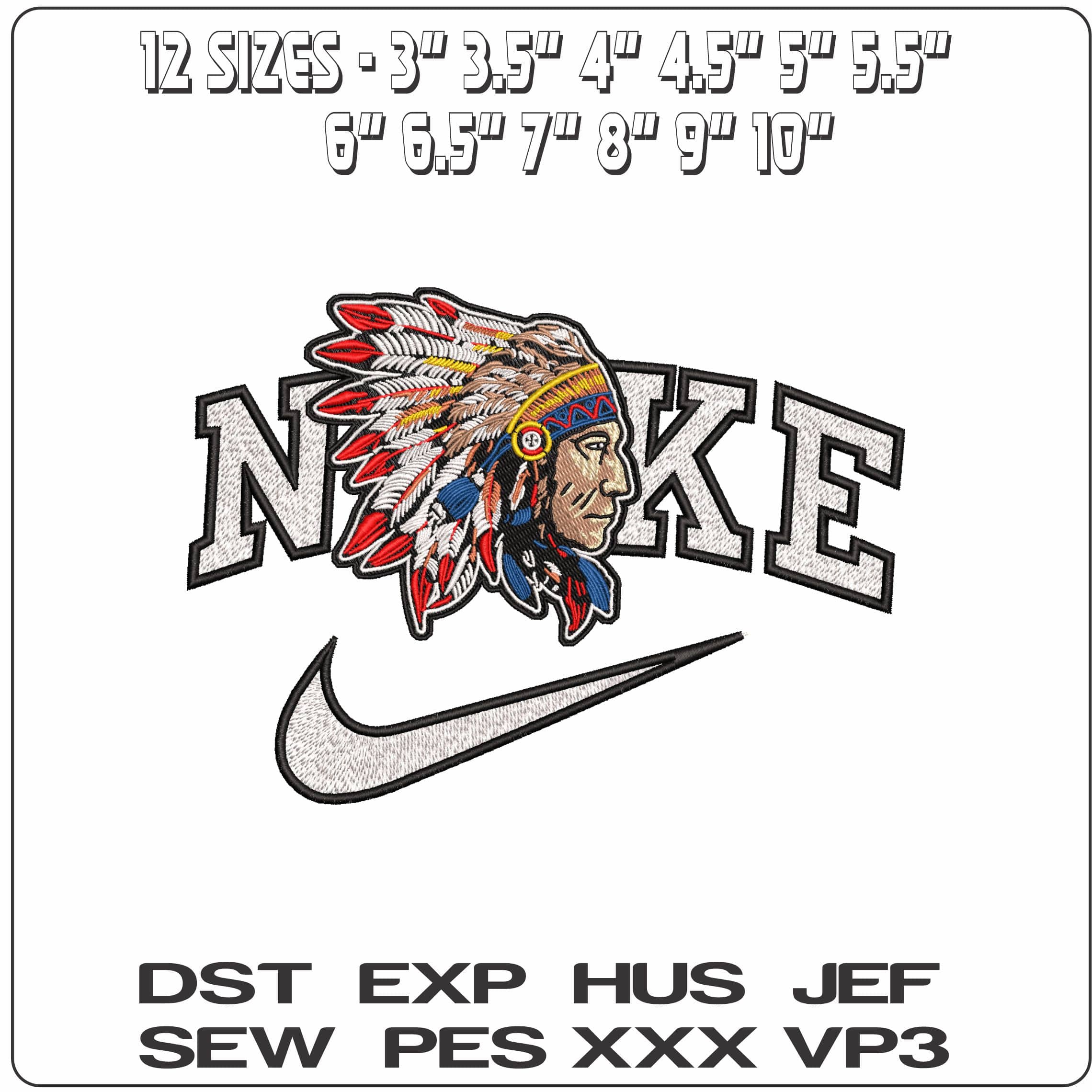 Nike Native American with Chief Headdress- Elegant embroidery design file - instant download — view 2
