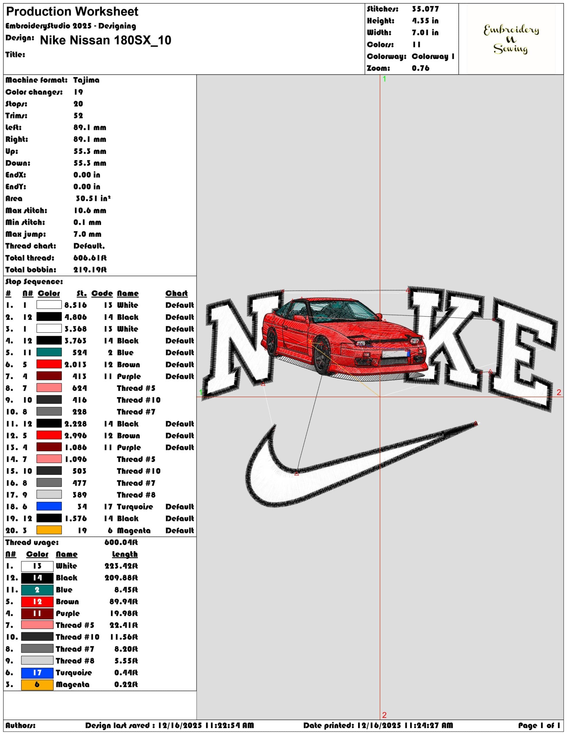 Nike Nissan 180SX- Elegant embroidery design file - instant download — view 3