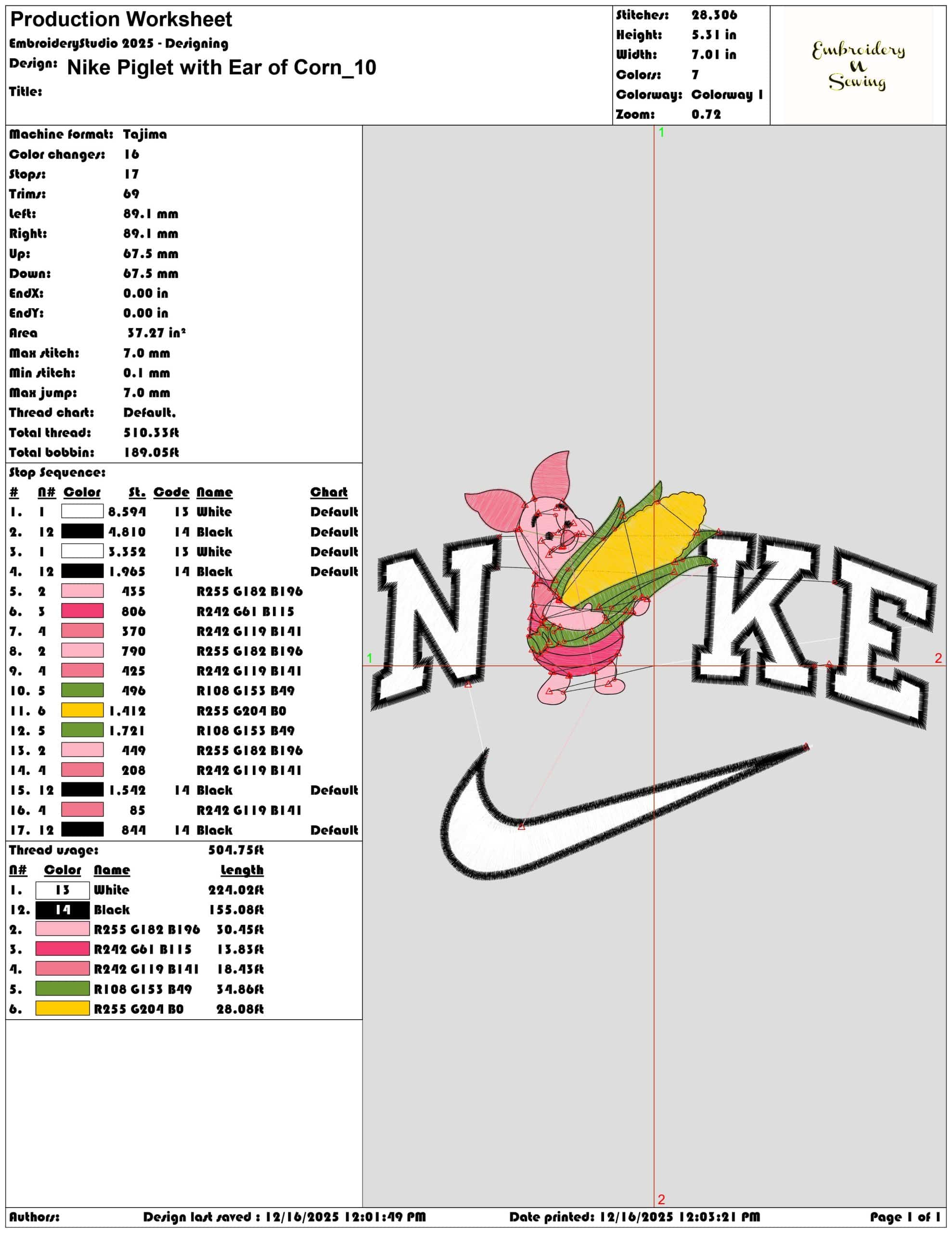 Nike Piglet with Ear of Corn- Elegant embroidery design file - instant download — view 3