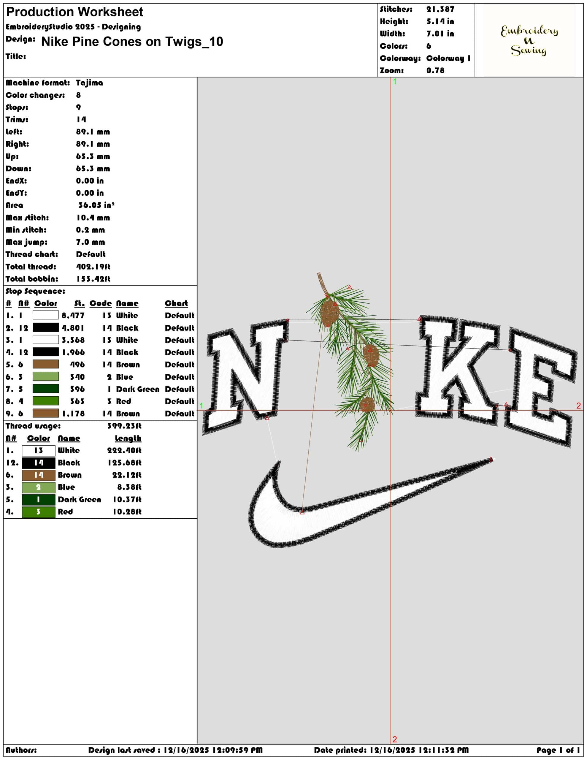 Nike Pine Cones on Twigs- Elegant embroidery design file - instant download — view 3