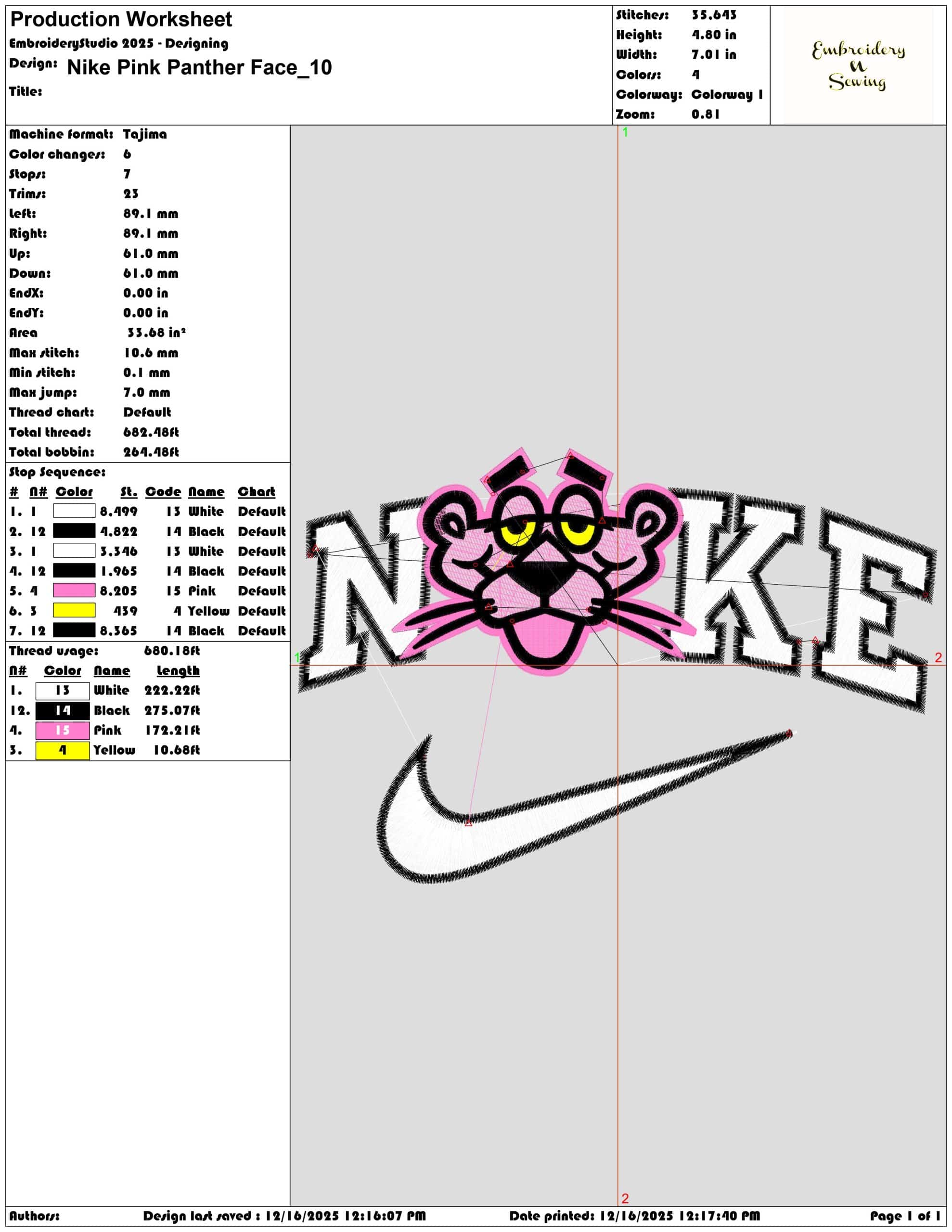 Nike Pink Panther Face- Elegant embroidery design file - instant download — view 3