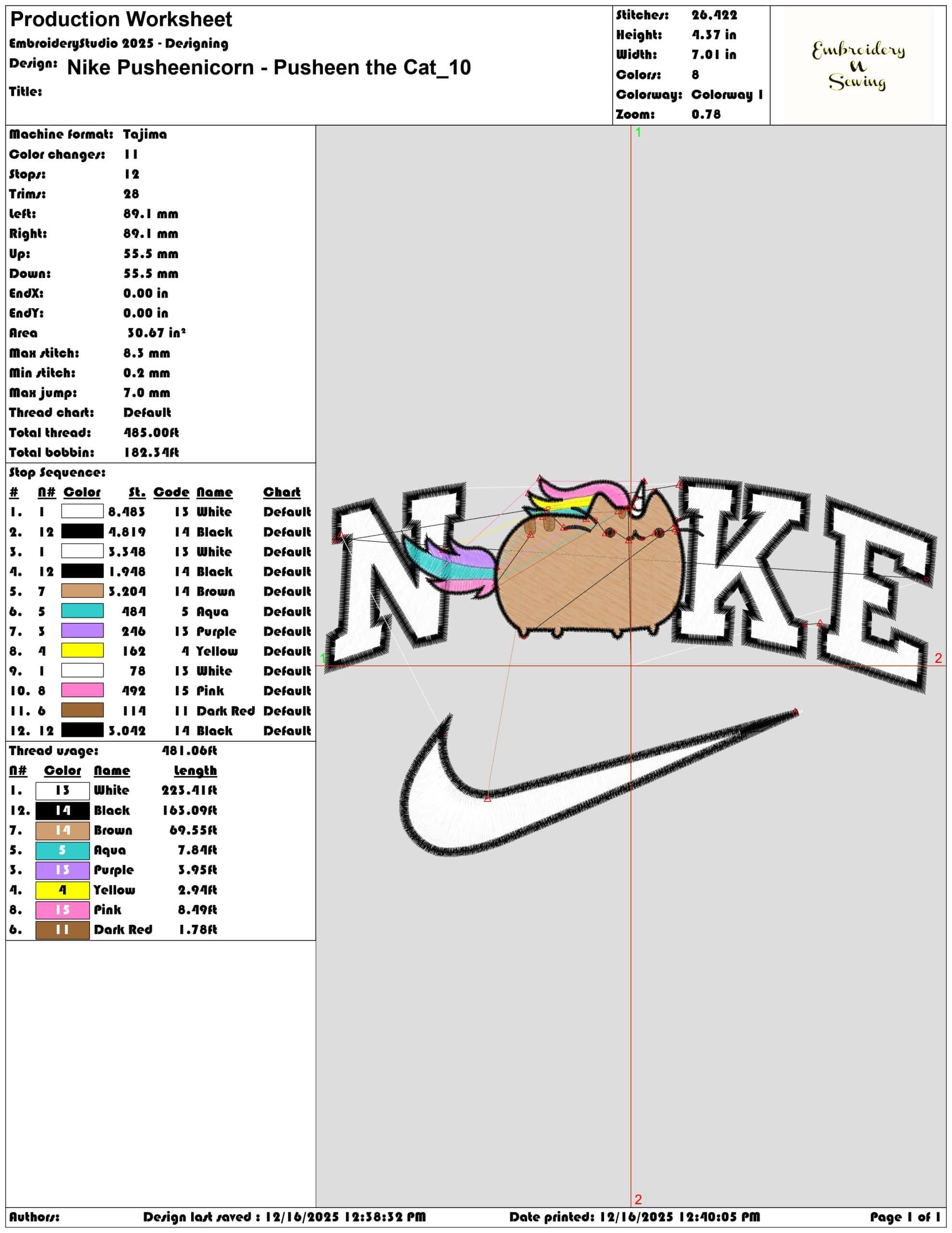 Nike Pusheenicorn Pusheen the Cat- Elegant embroidery design file - instant download — view 3
