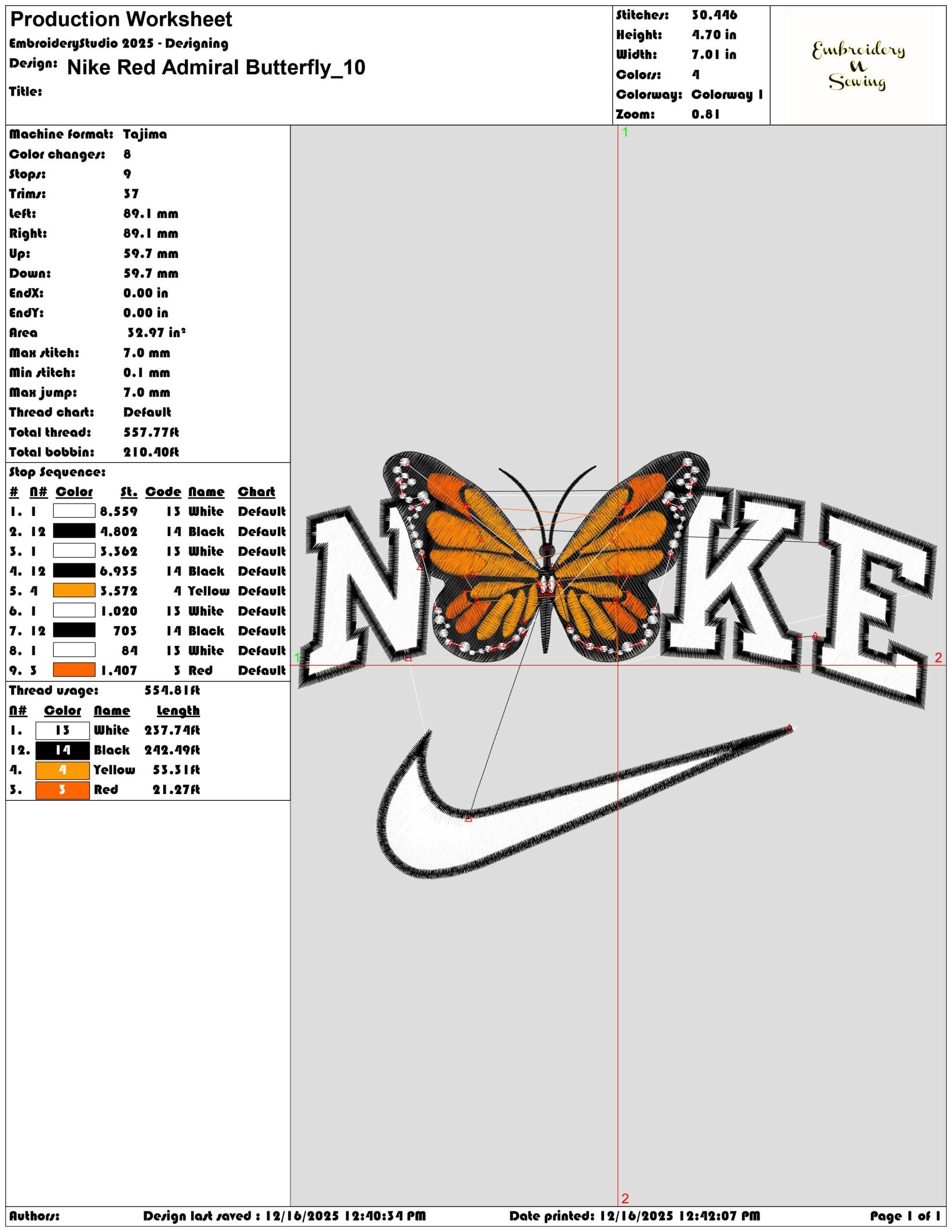 Nike Red Admiral Butterfly- Elegant embroidery design file - instant download — view 3