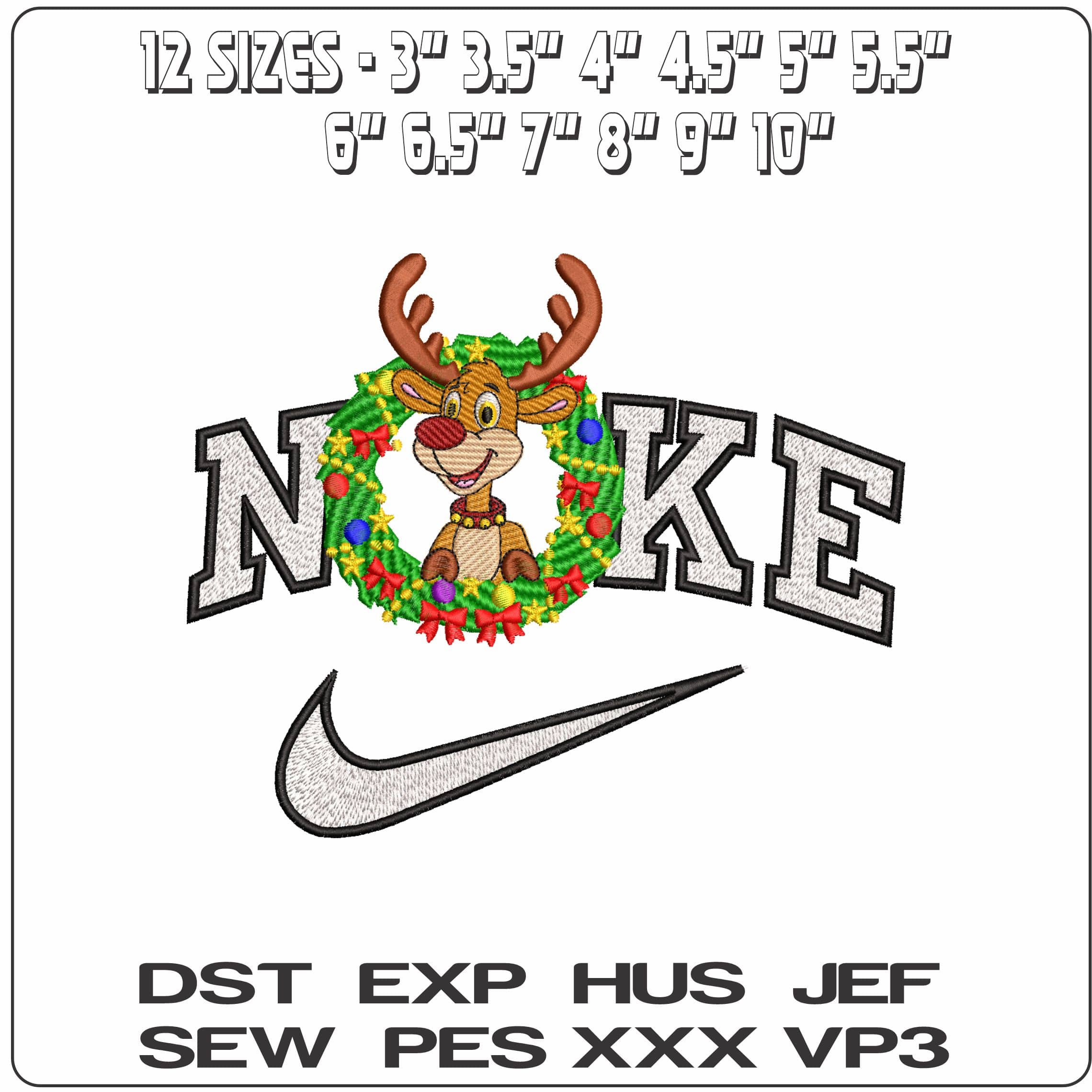 Nike Reindeer in Christmas Wreath- Elegant embroidery design file - instant download — view 2
