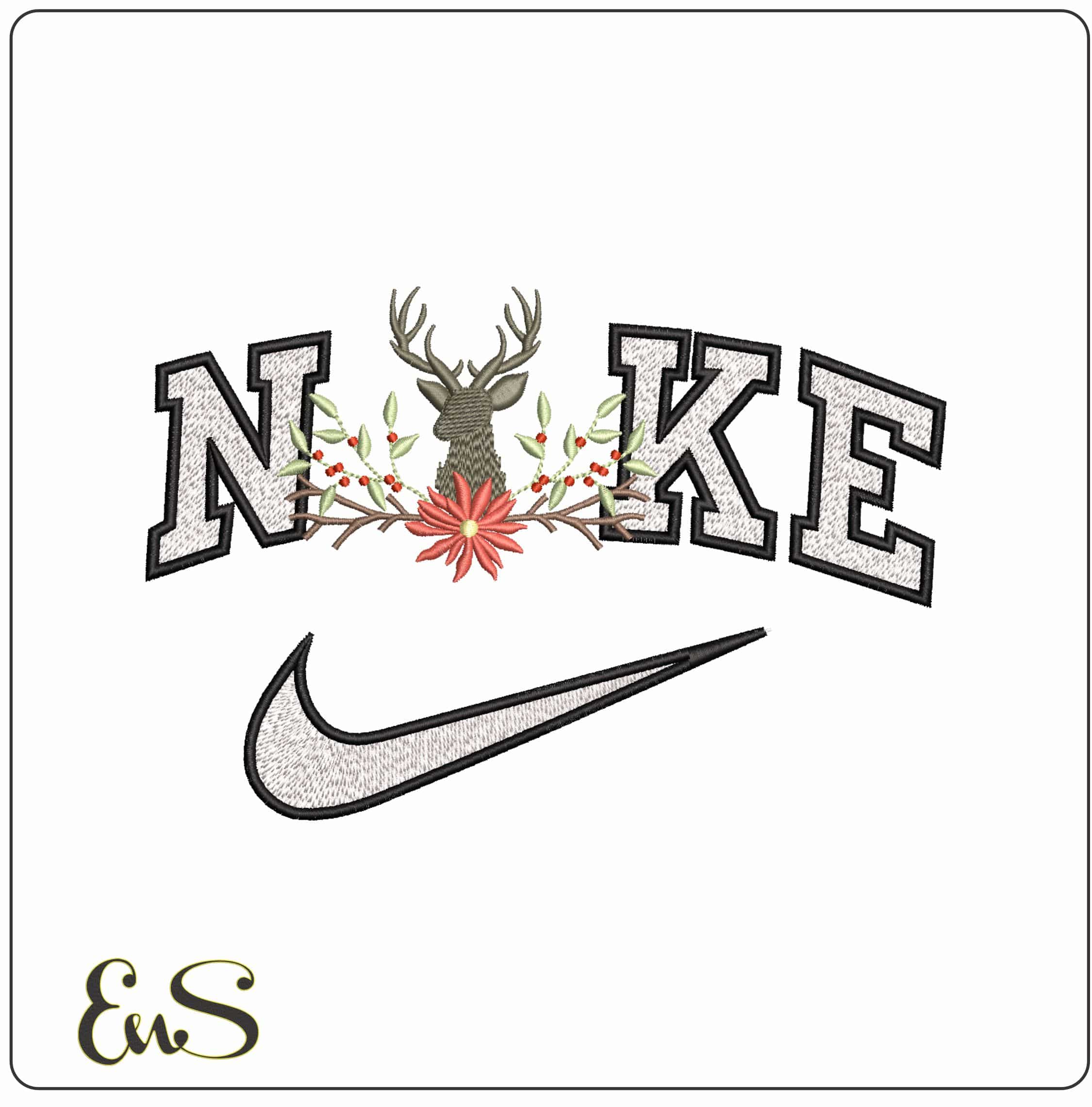Nike Reindeer with Branches and Flower- Elegant embroidery design file - instant download