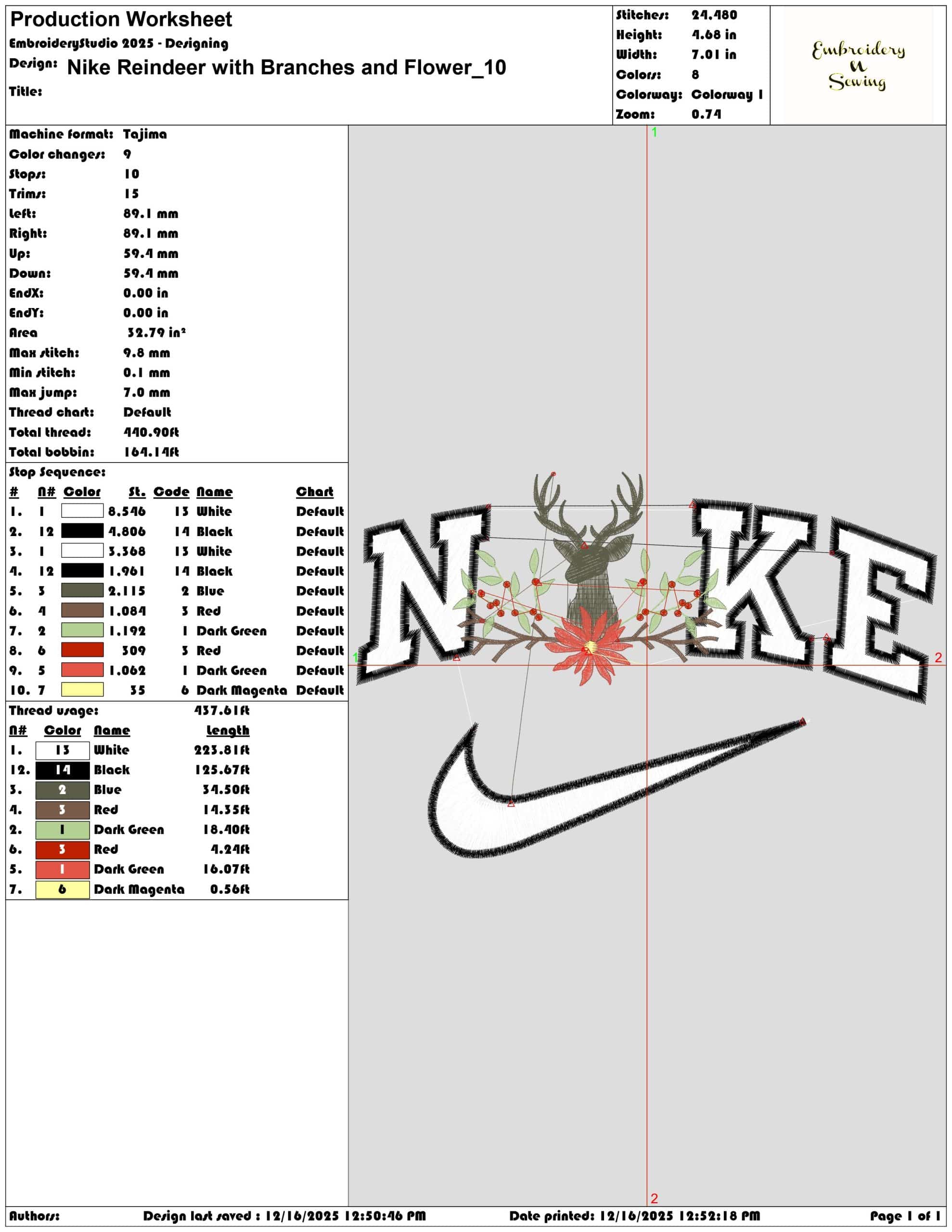 Nike Reindeer with Branches and Flower- Elegant embroidery design file - instant download — view 3