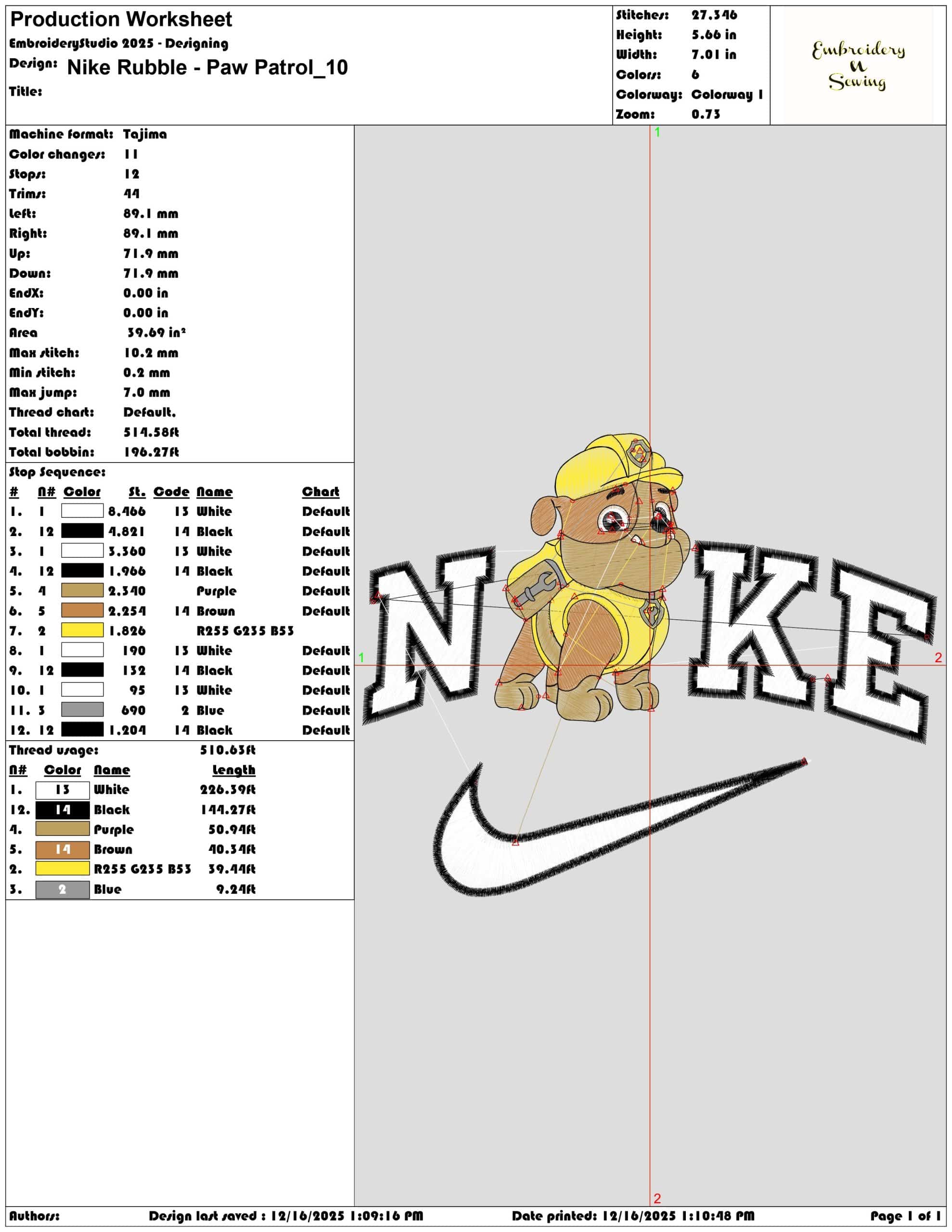 Nike Rubble Paw Patrol- Elegant embroidery design file - instant download — view 3