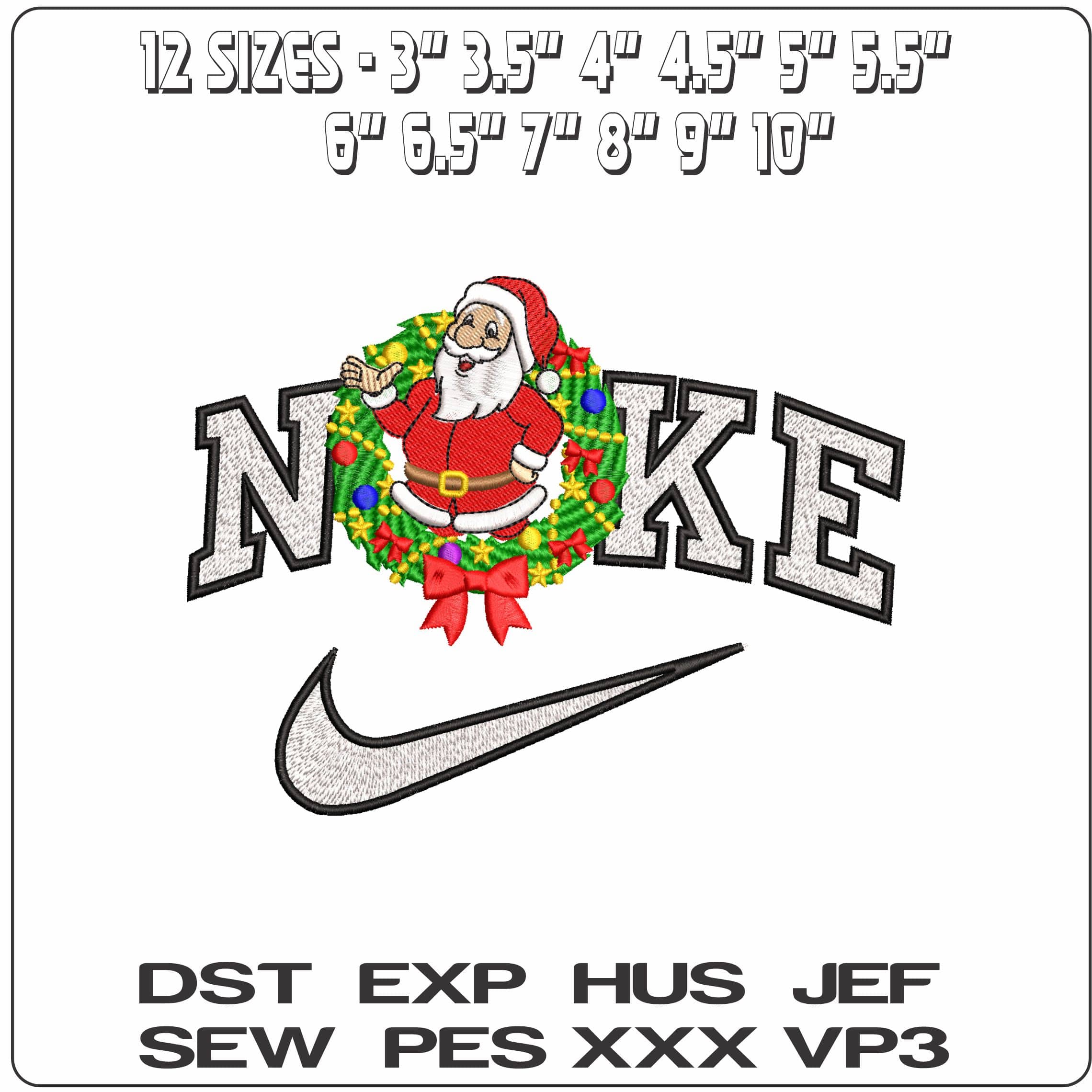 Nike Santa in Christmas Wreath- Elegant embroidery design file - instant download — view 2