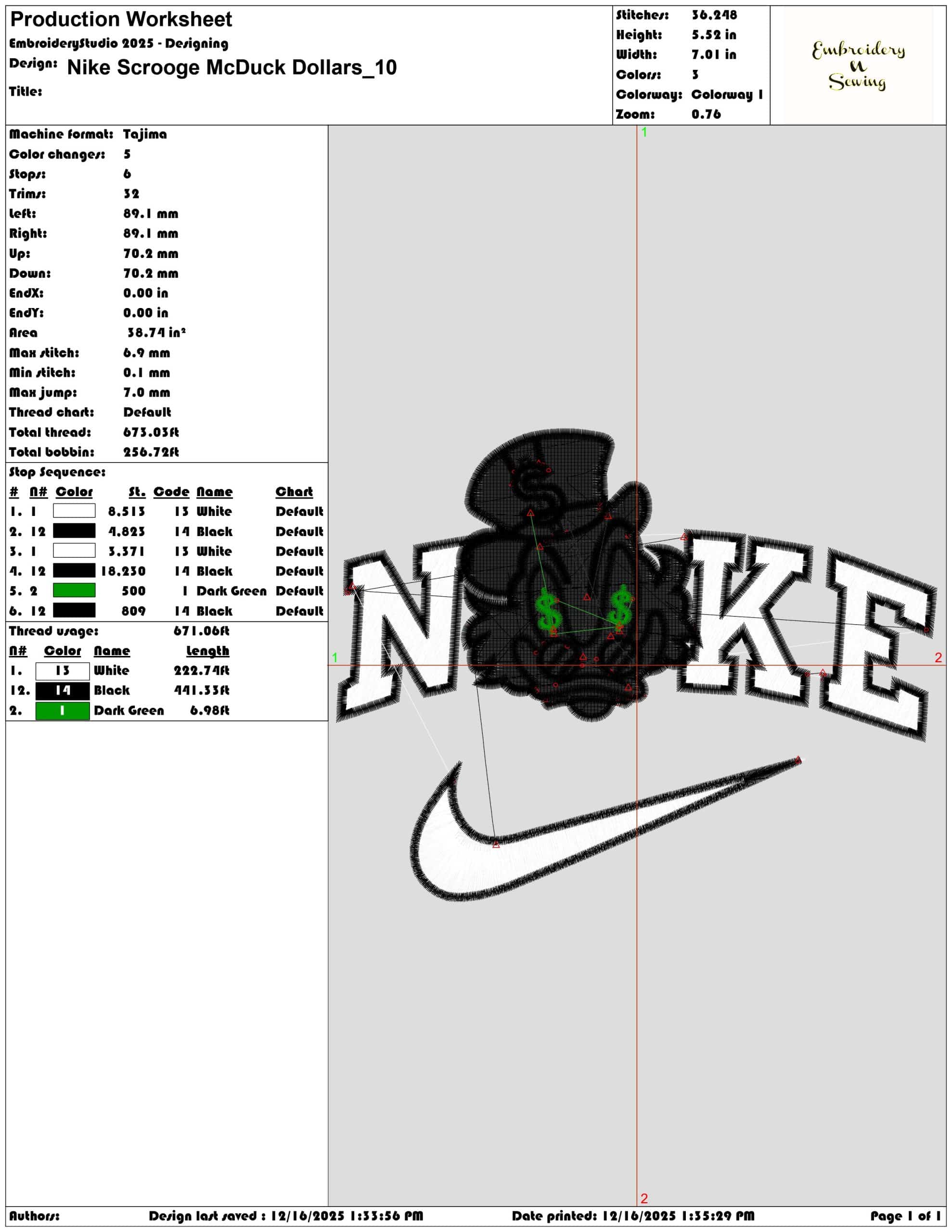 Nike Scrooge McDuck Dollars- Elegant embroidery design file - instant download — view 3