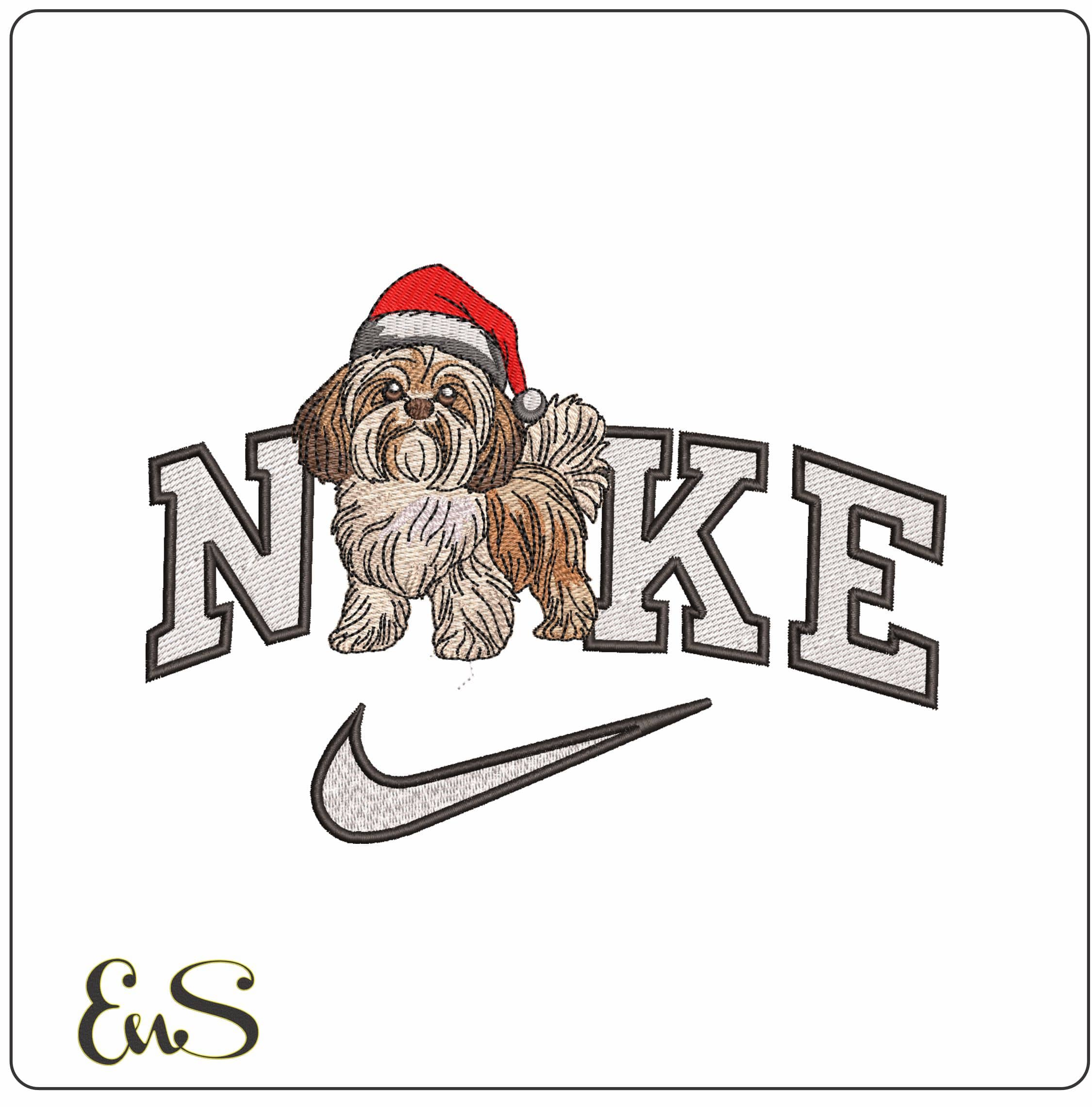 Nike Shitsu Dog with Xmas Hat- Elegant embroidery design file - instant download