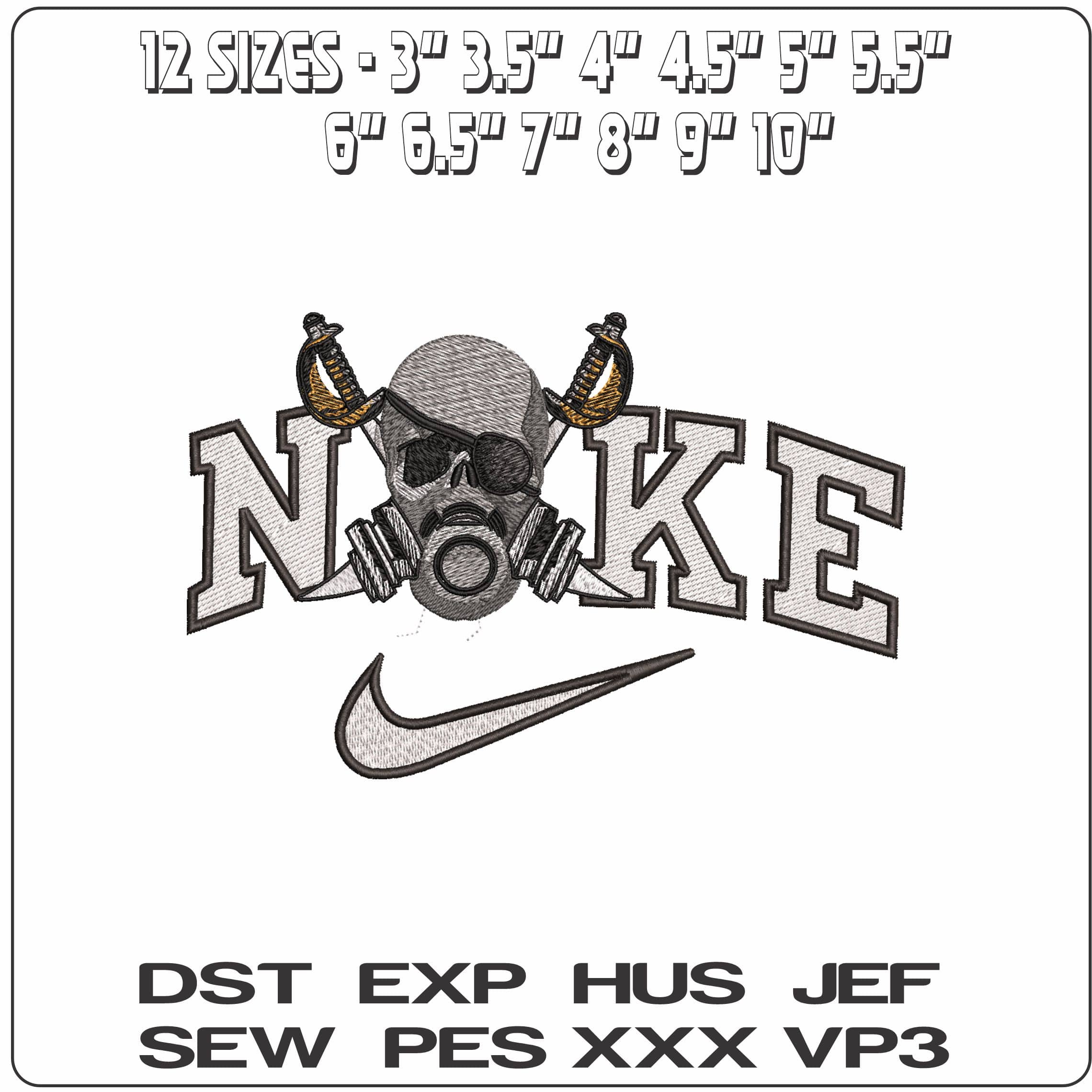 Nike Skull in Gas Mask Crossed Swords- Elegant embroidery design file - instant download — view 2