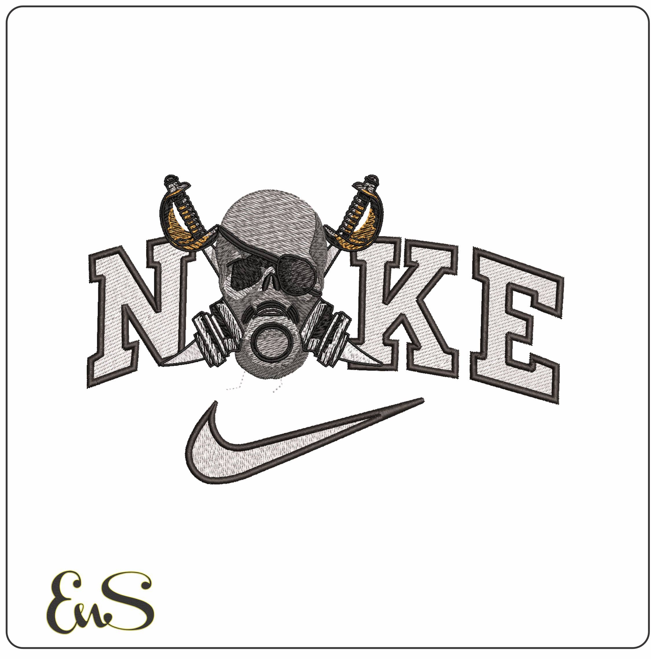 Nike Skull in Gas Mask Crossed Swords- Elegant embroidery design file - instant download