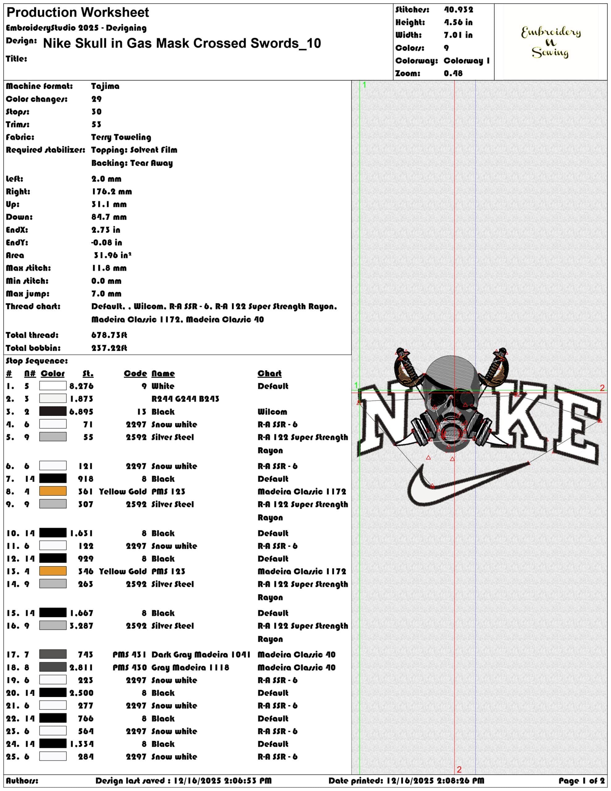 Nike Skull in Gas Mask Crossed Swords- Elegant embroidery design file - instant download — view 3