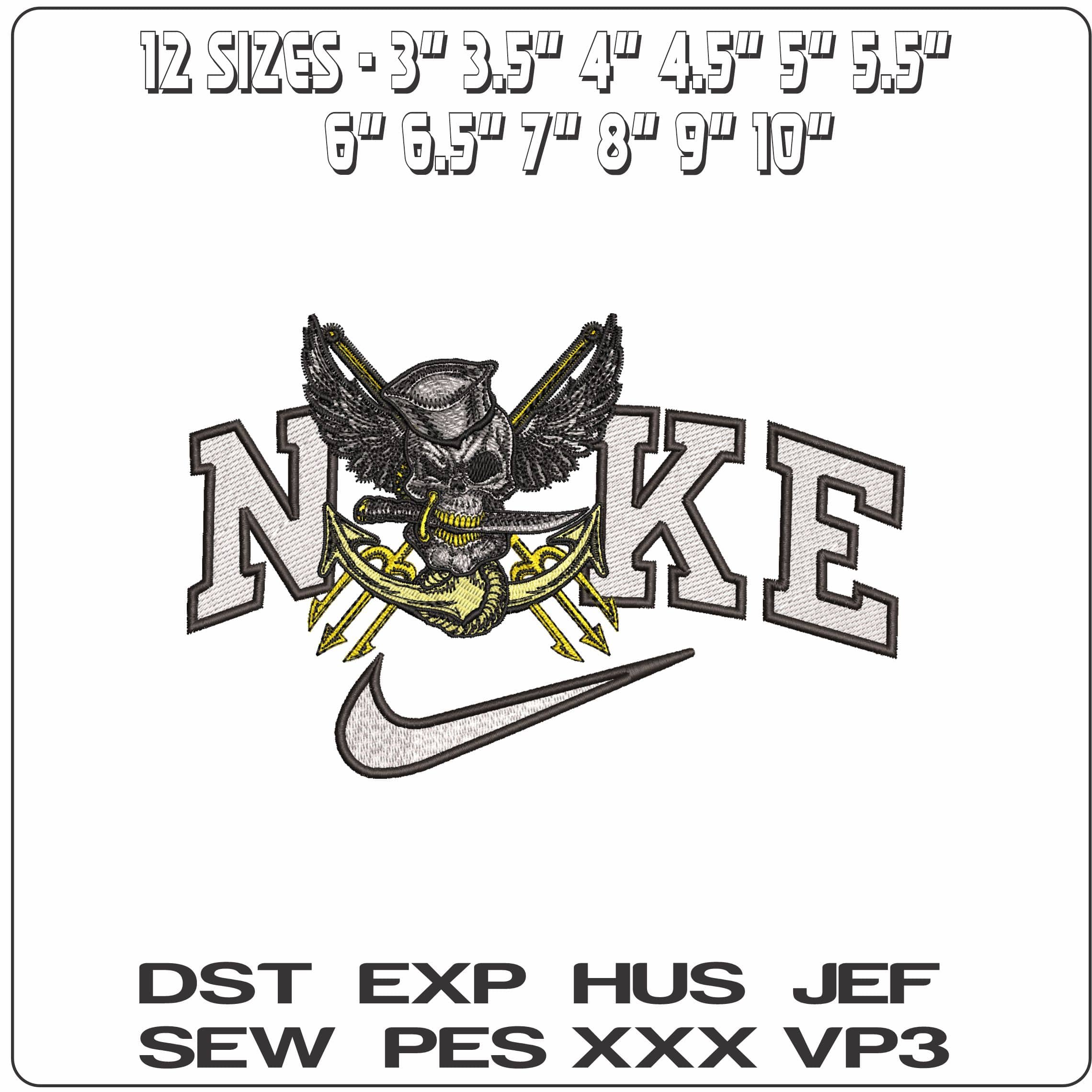 Nike Skull with Knife Anchor and Tridents- Elegant embroidery design file - instant download — view 2