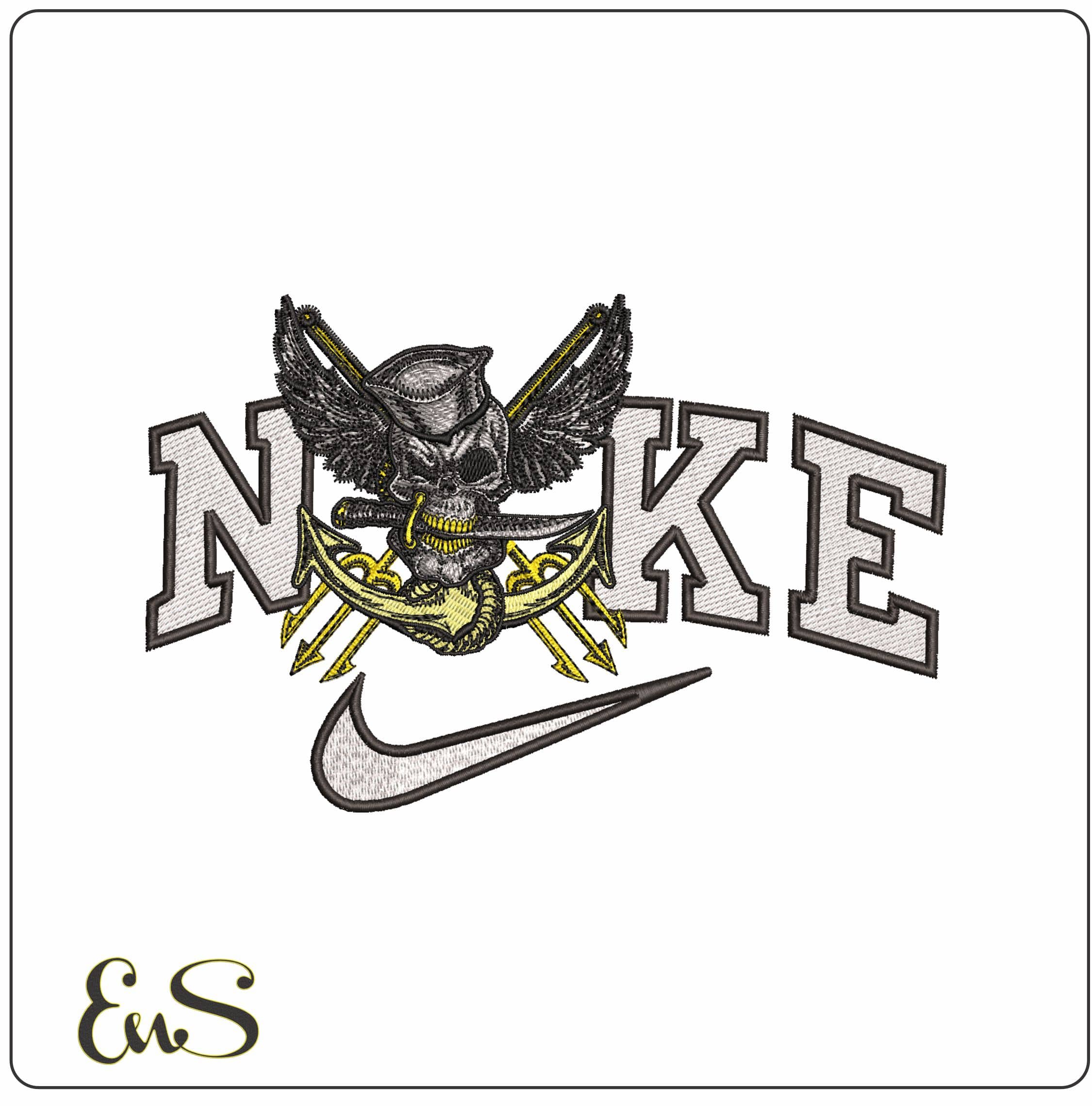 Nike Skull with Knife Anchor and Tridents- Elegant embroidery design file - instant download