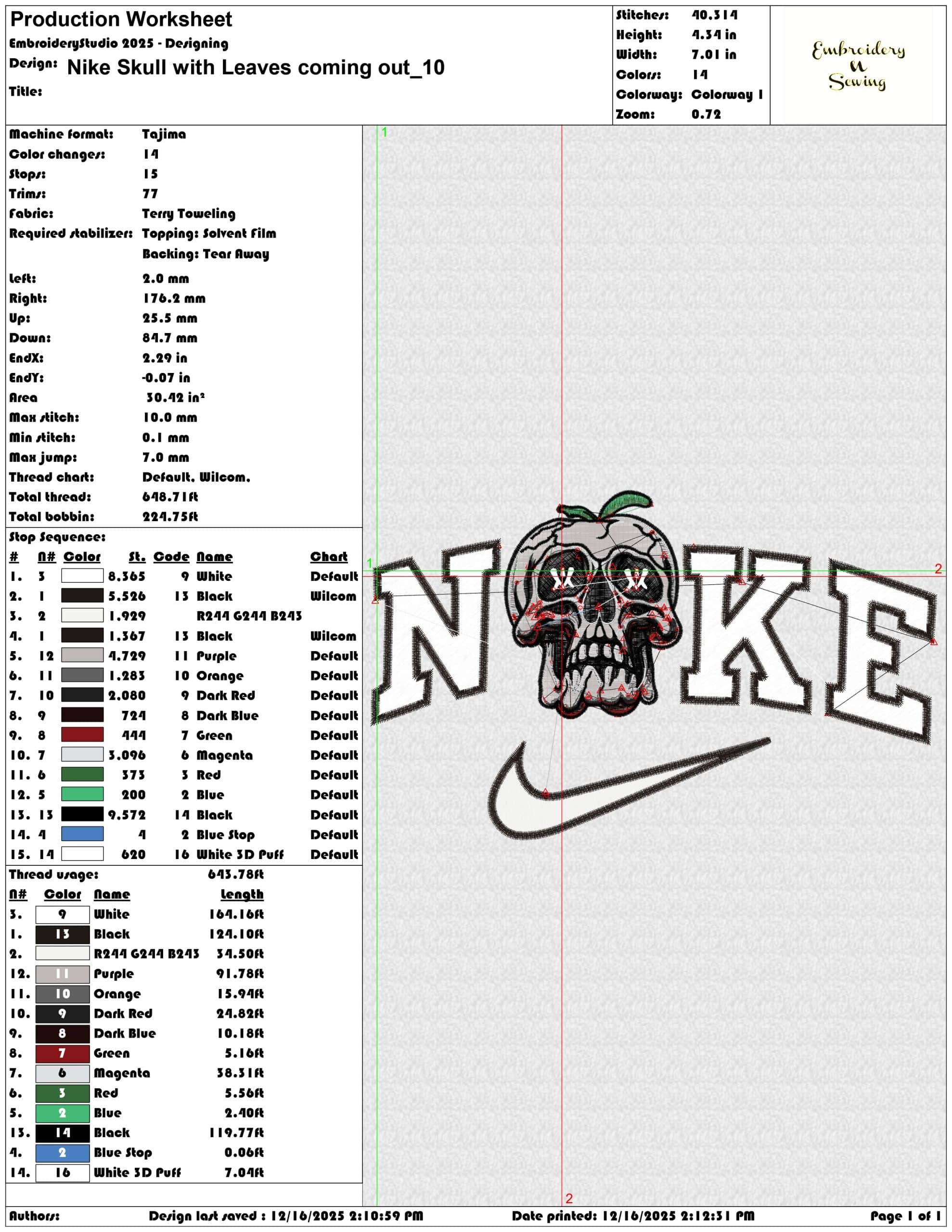 Nike Skull with Leaves coming out- Elegant embroidery design file - instant download — view 3