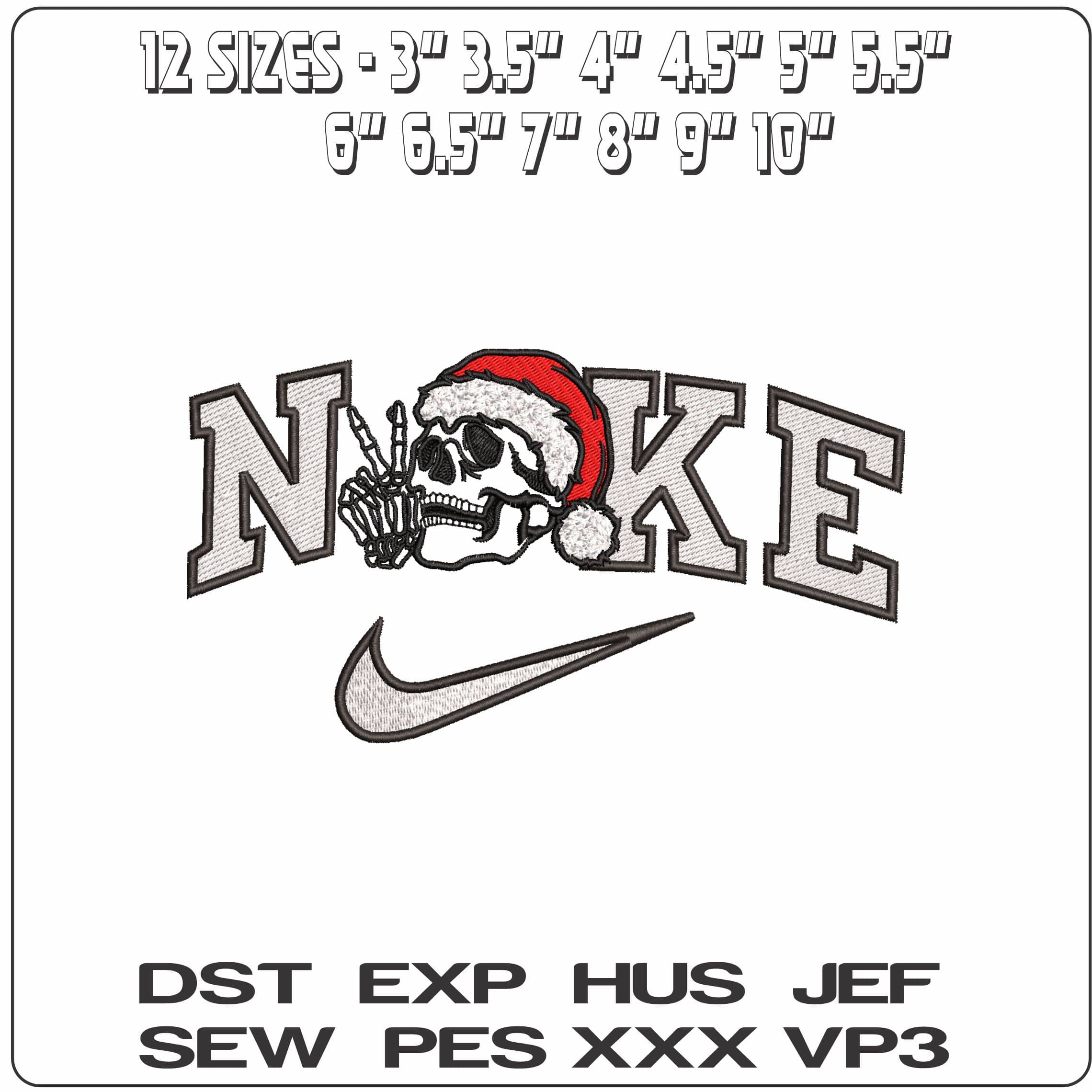 Nike Skull with Xmas Hat - Elegant embroidery design file - instant download — view 2