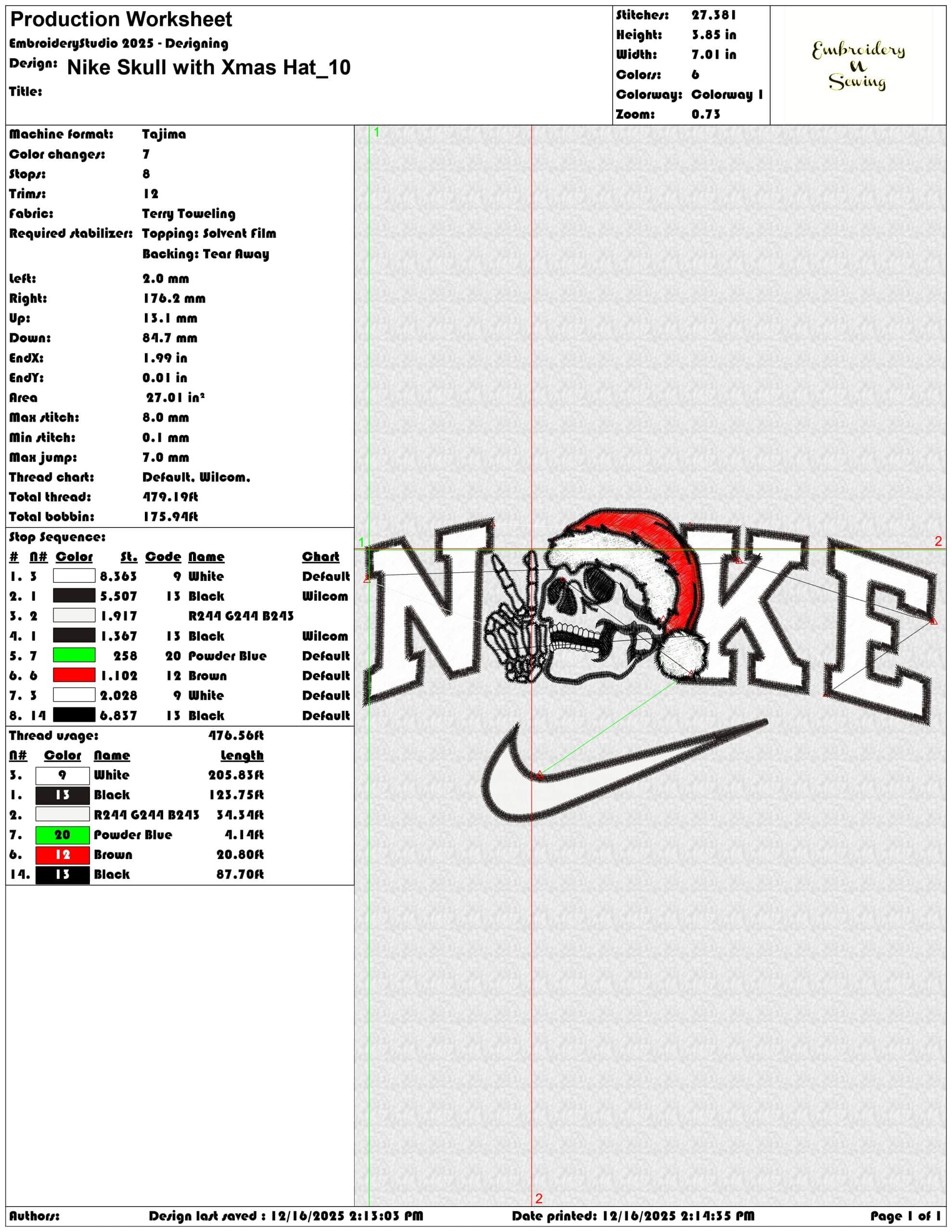Nike Skull with Xmas Hat - Elegant embroidery design file - instant download — view 3