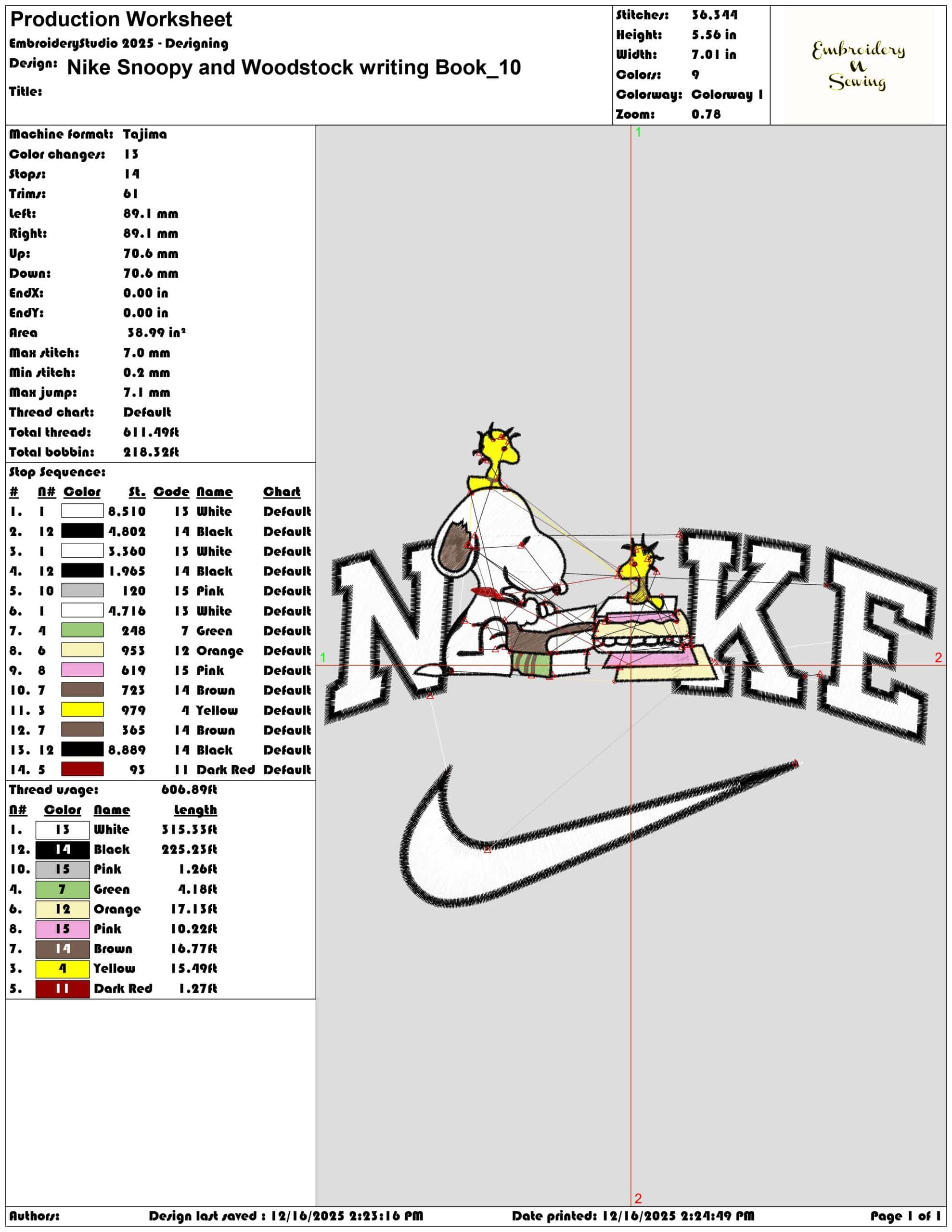 Nike Snoopy and Woodstock writing Book- Elegant embroidery design file - instant download — view 3