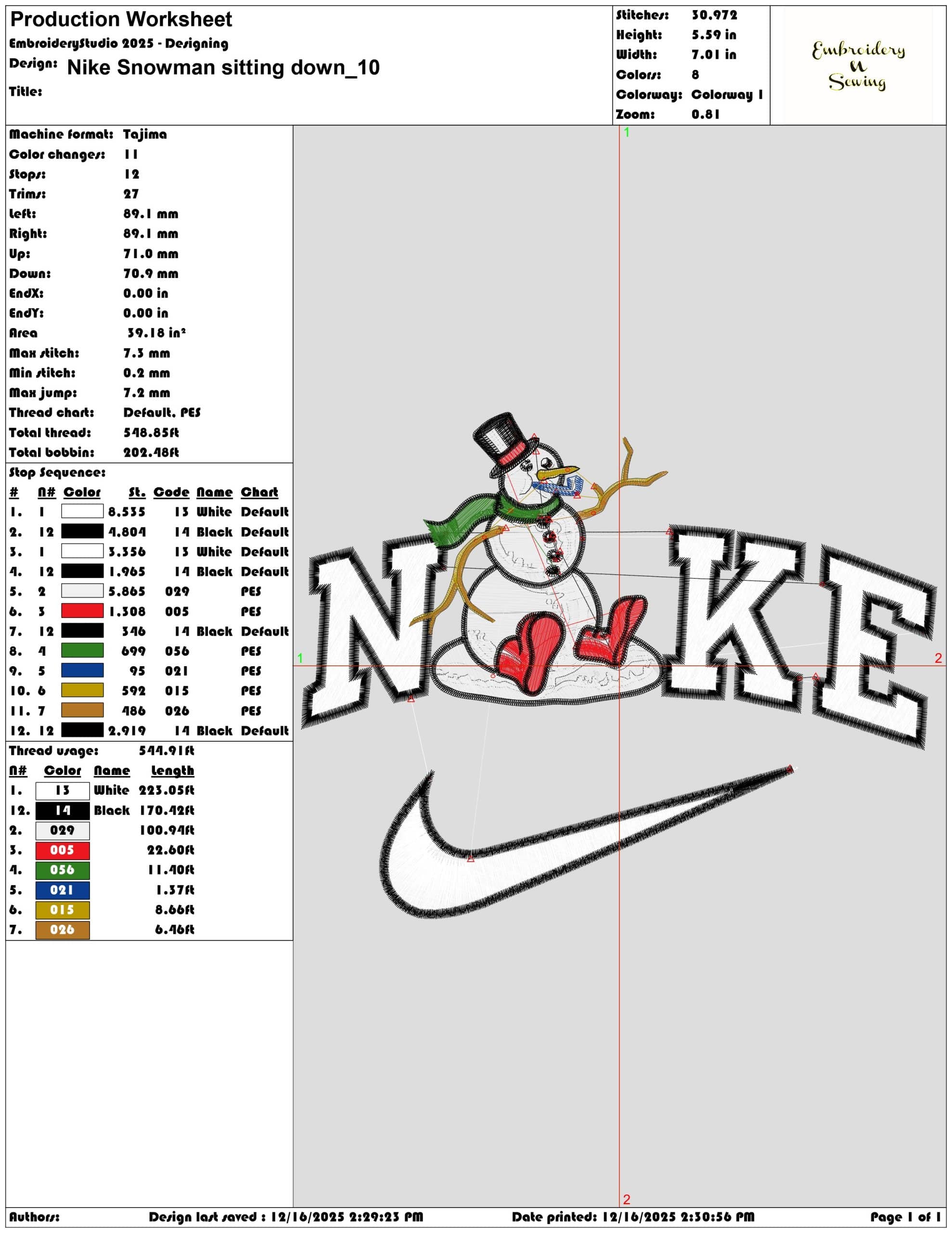 Nike Snowman sitting down- Elegant embroidery design file - instant download — view 3