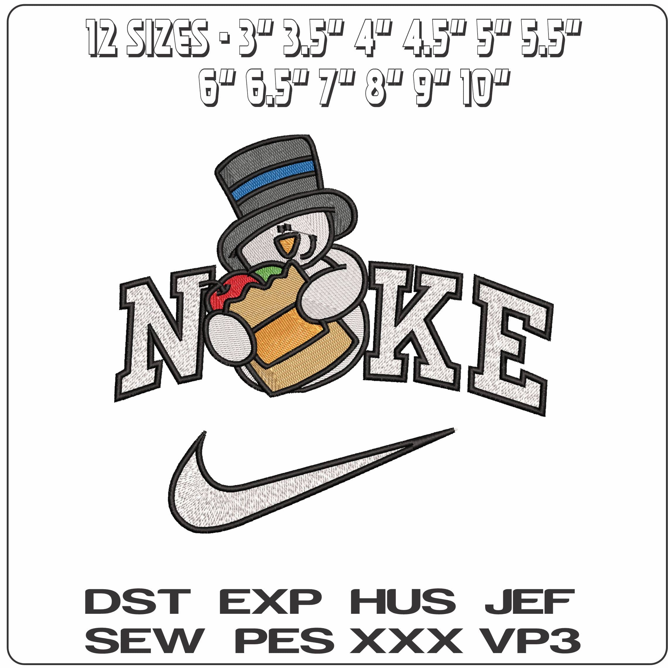 Nike Snowman with Tophat and Christmas food- Elegant embroidery design file - instant download — view 2
