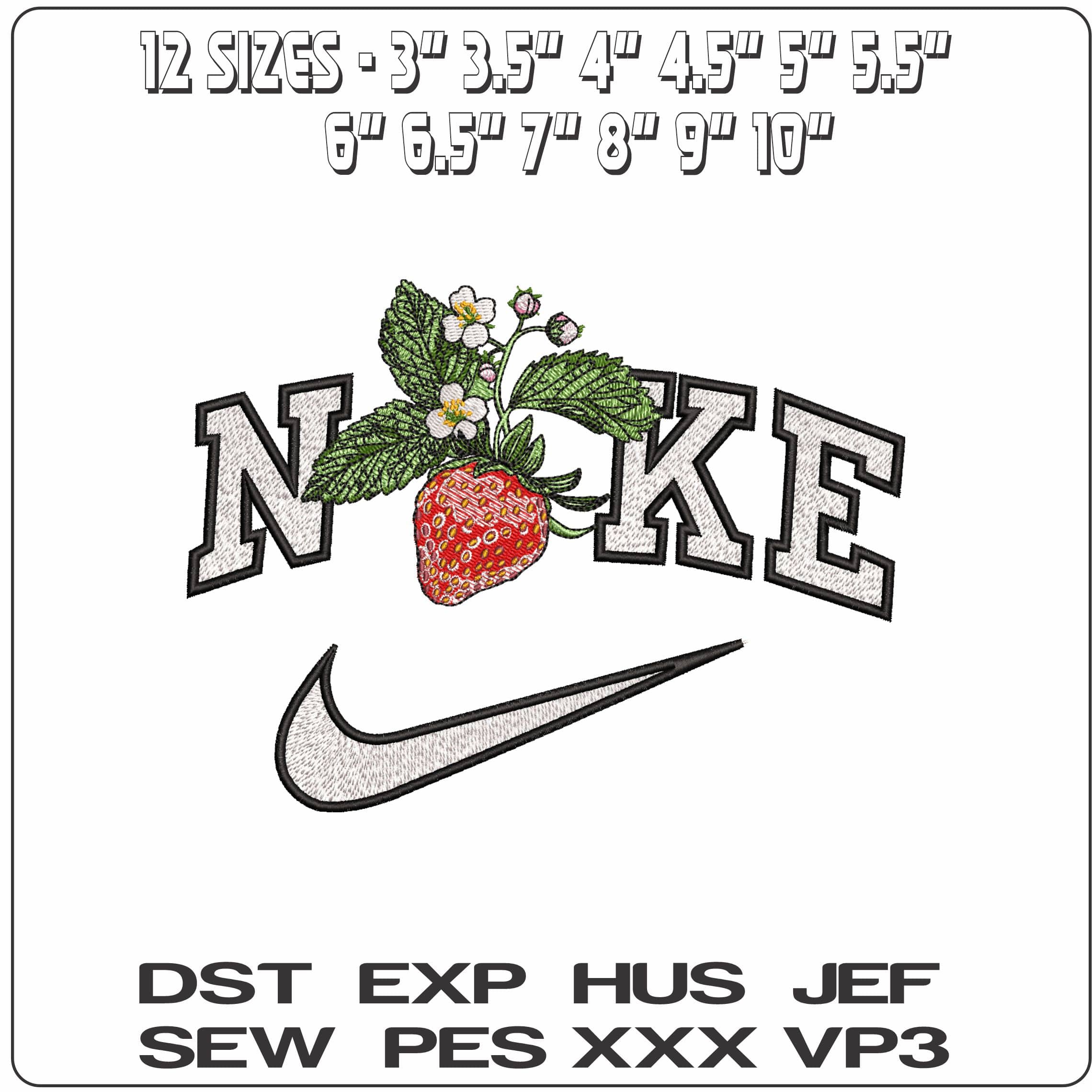 Nike Strawberry with Leaves and Flowers- Elegant embroidery design file - instant download — view 2