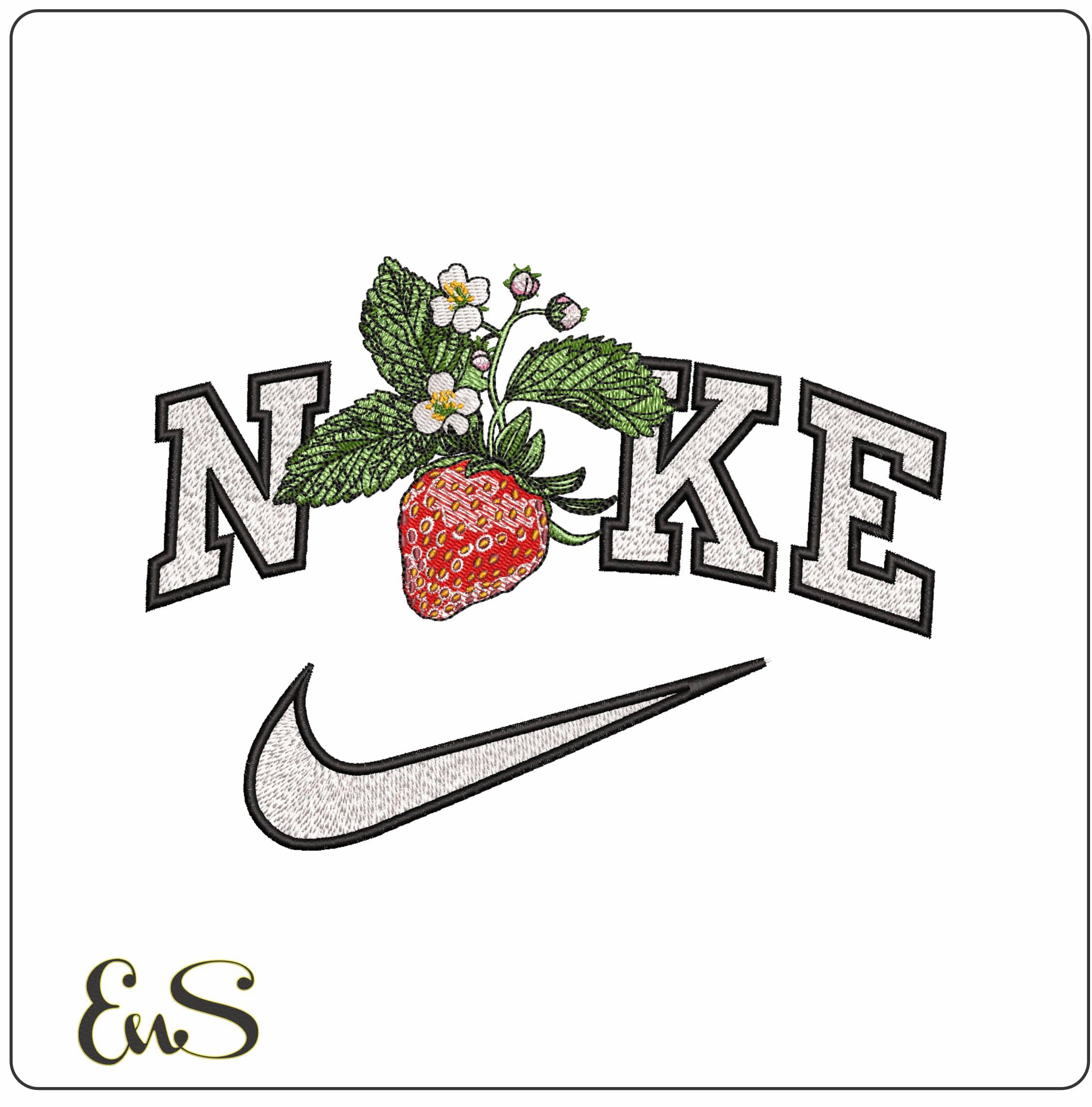 Nike Strawberry with Leaves and Flowers- Elegant embroidery design file - instant download