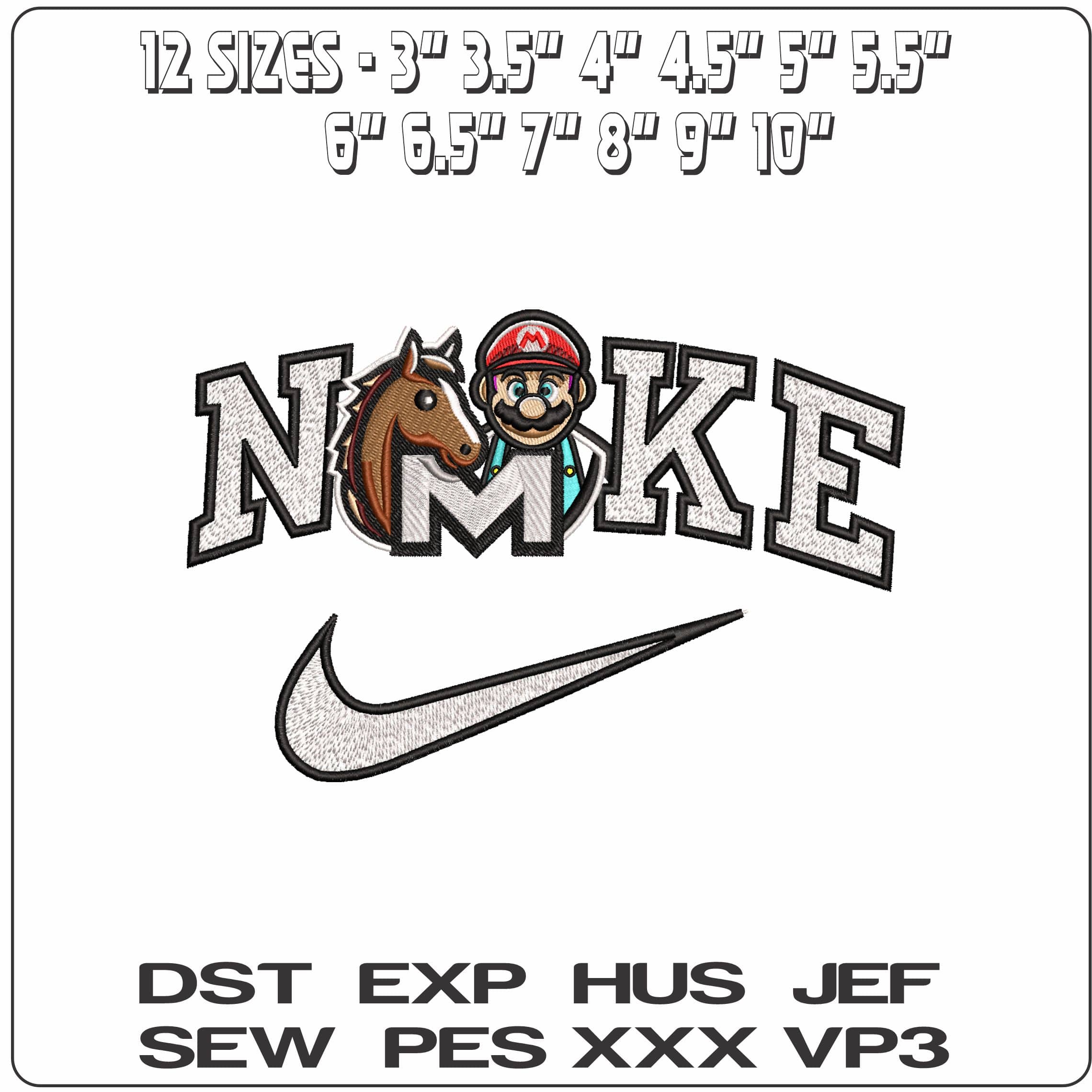Nike Super Mario and Horse with M- Elegant embroidery design file - instant download — view 2