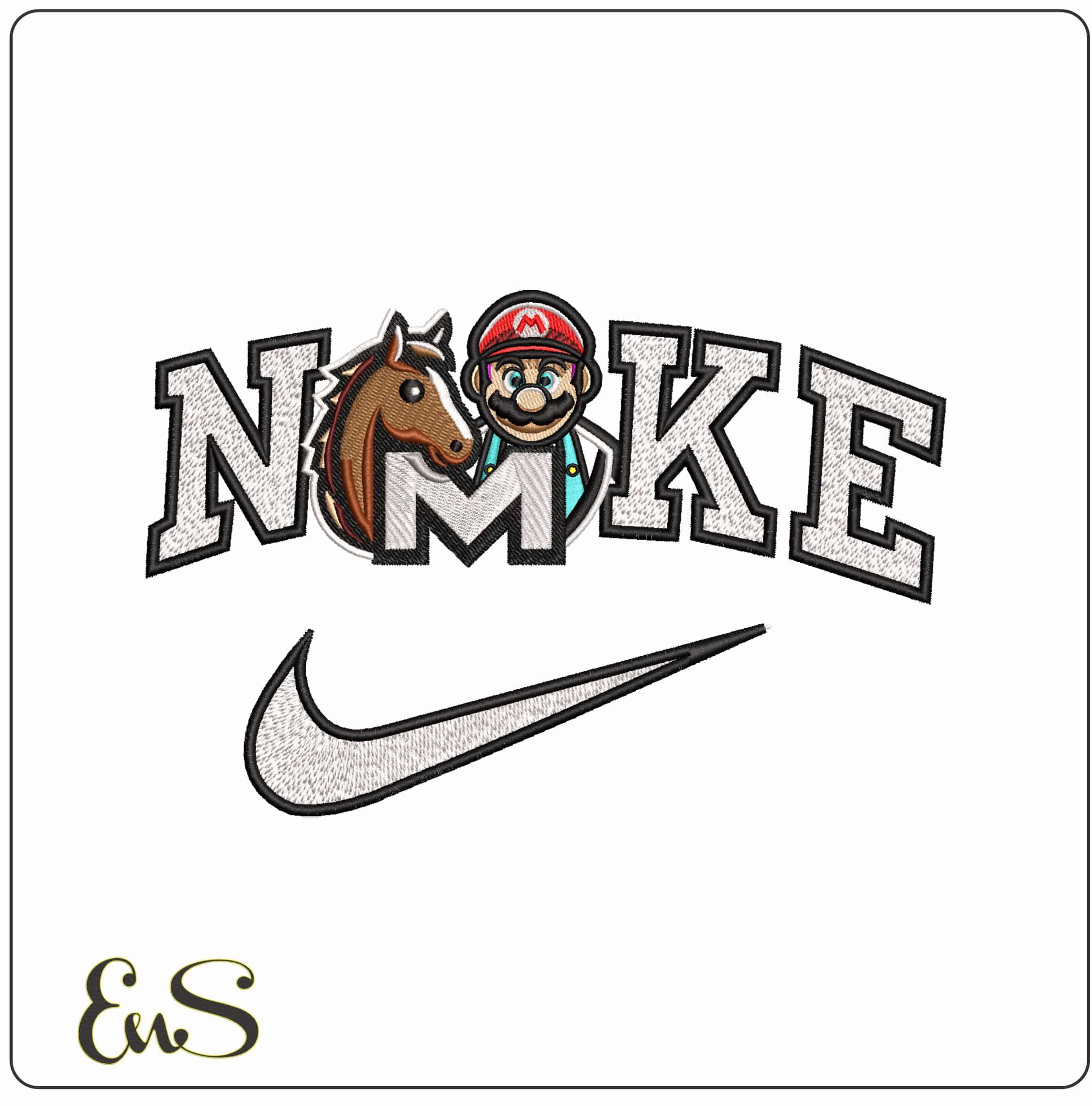 Nike Super Mario and Horse with M- Elegant embroidery design file - instant download
