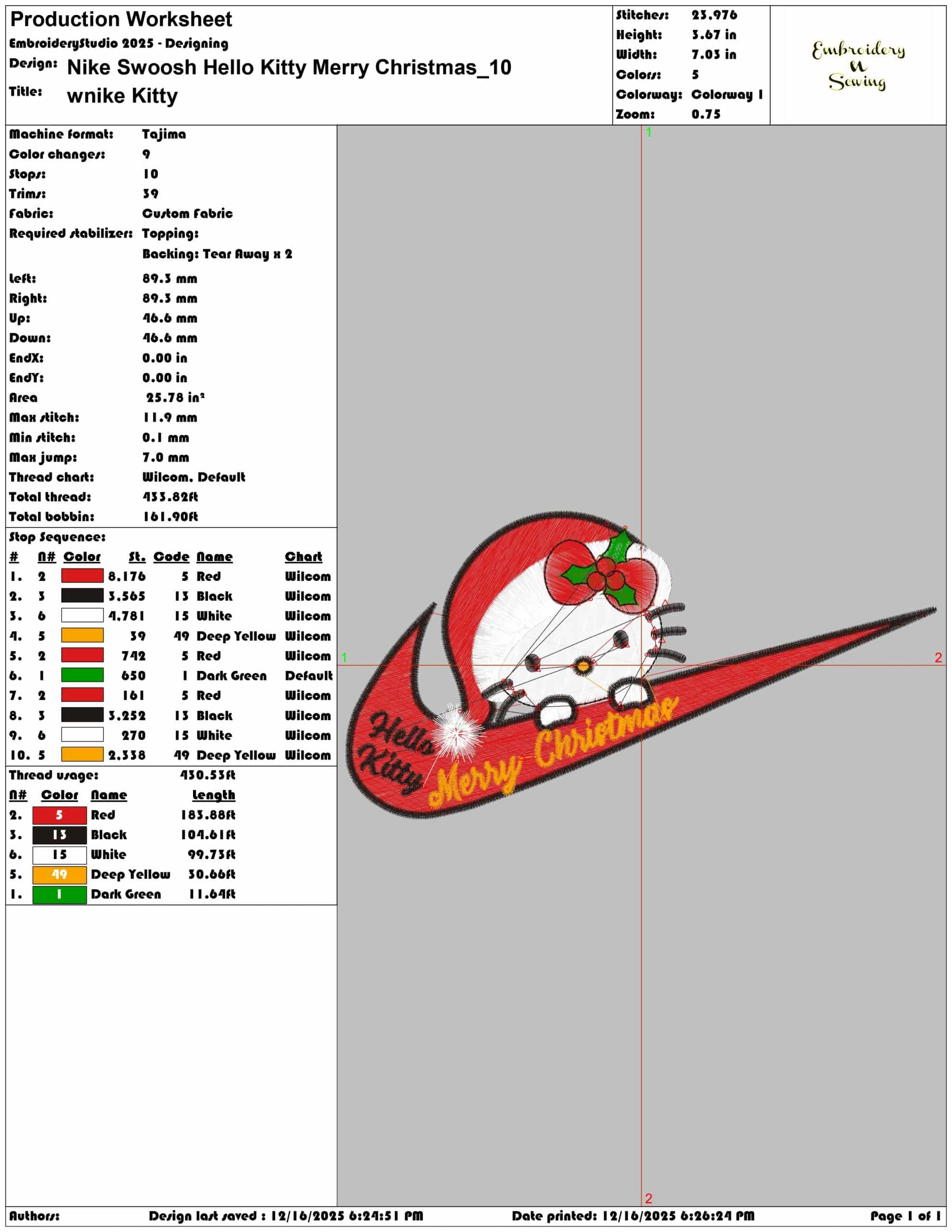 Nike Swoosh Hello Kitty Merry Christmas- Elegant embroidery design file - instant download — view 3