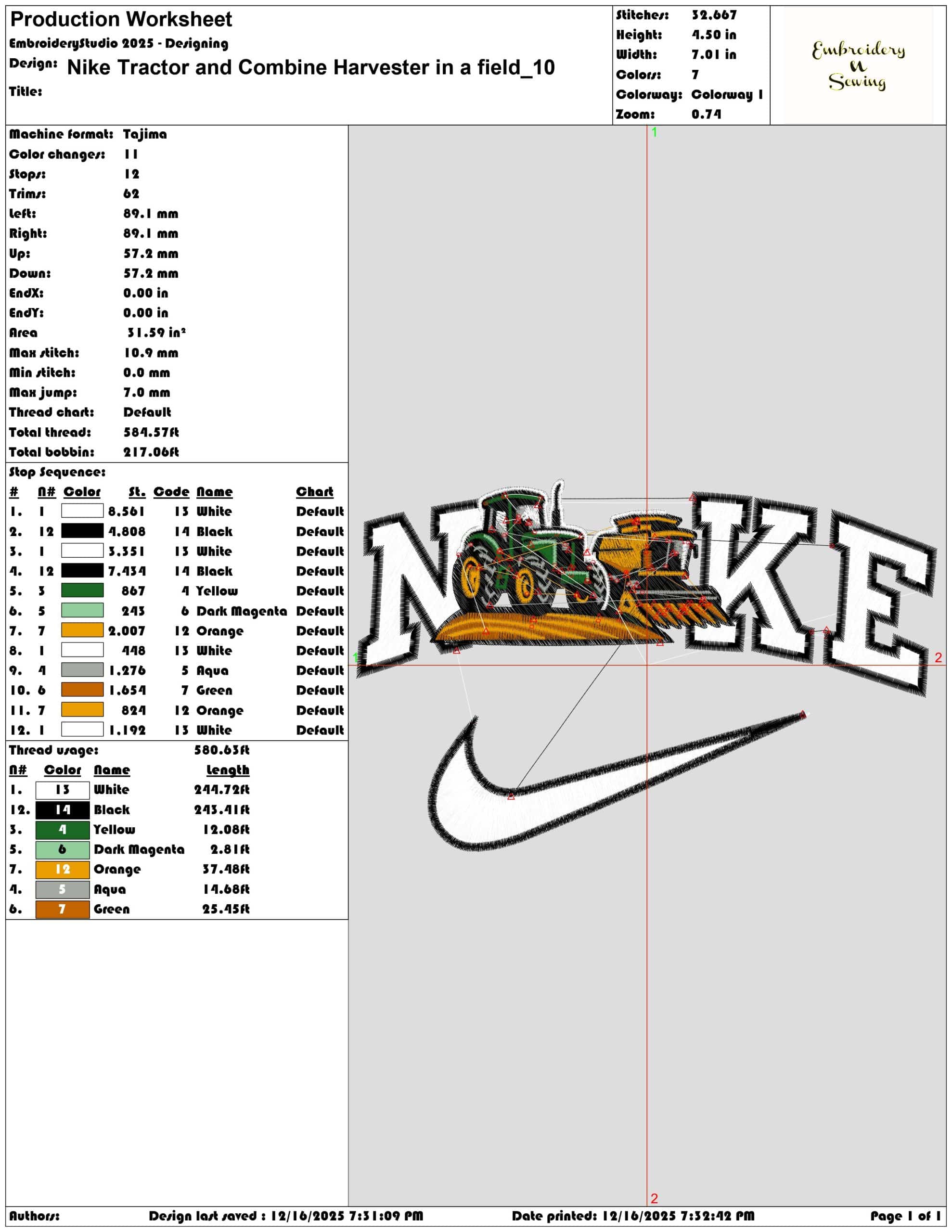 Nike Tractor and Combine Harvester in a field- Elegant embroidery design file - instant download — view 3