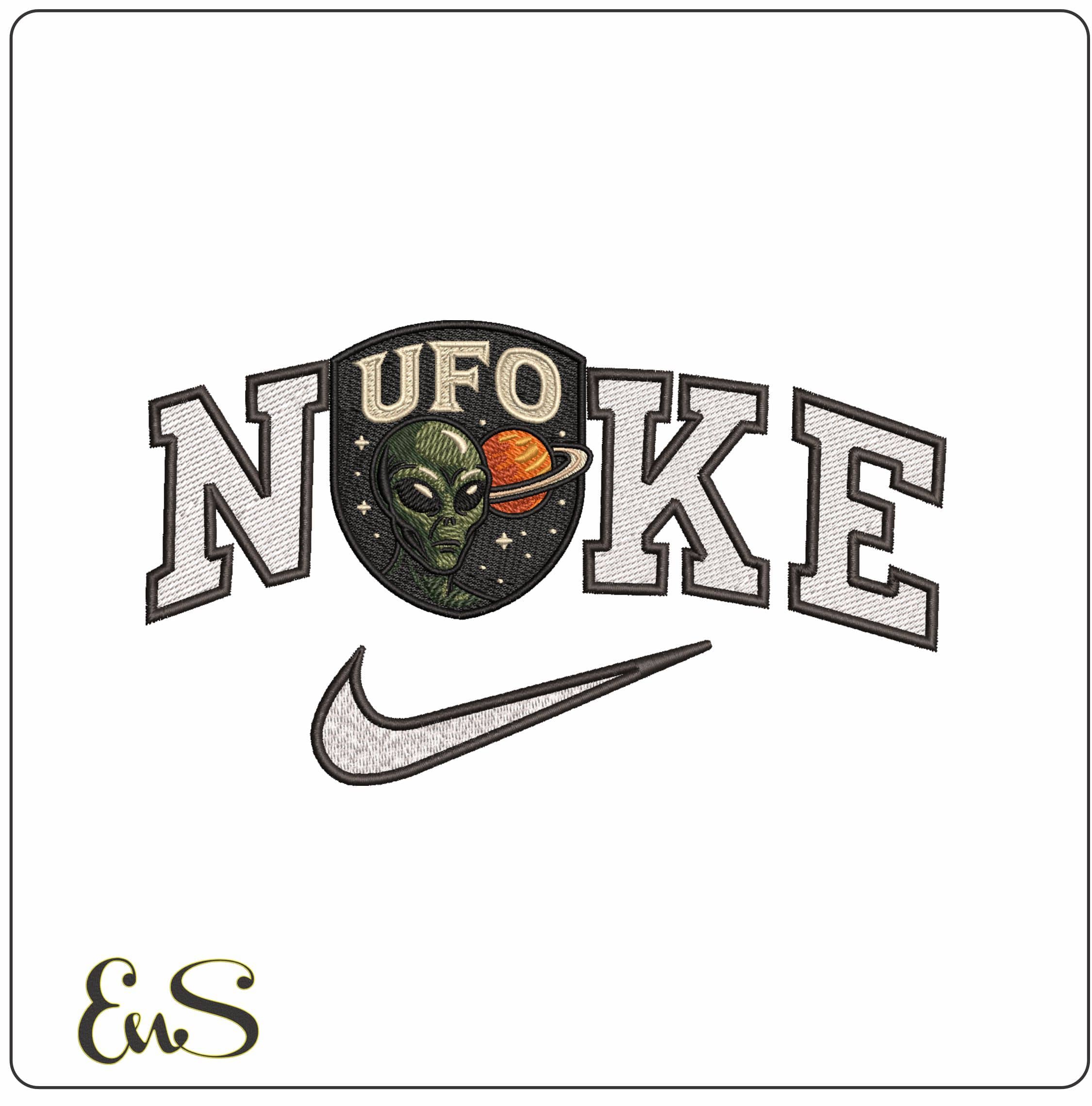 Nike UFO Alien and Planet- Elegant embroidery design file - instant download