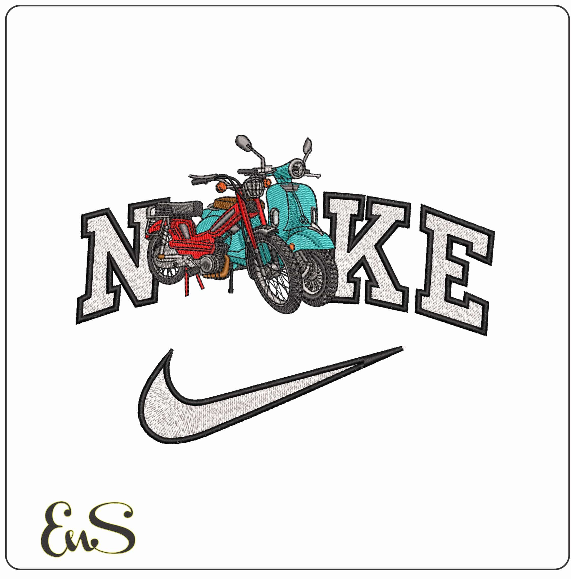 Nike Vespa Scooter and Pedal bike- Elegant embroidery design file - instant download