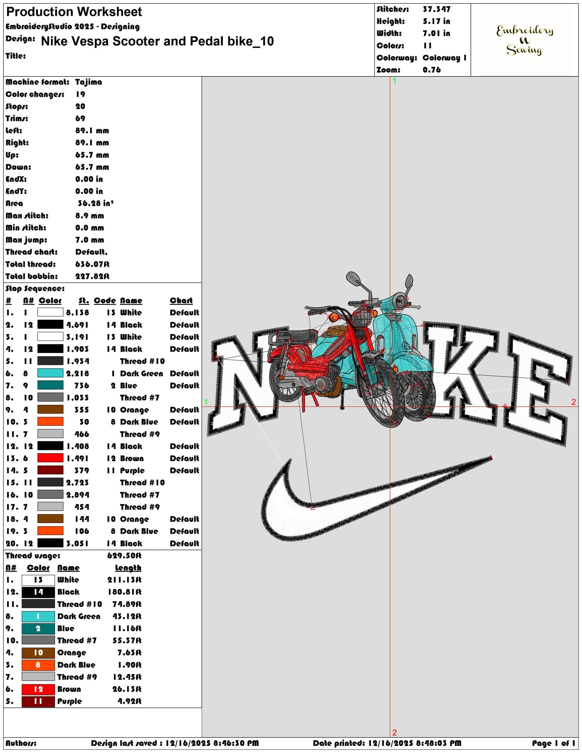 Nike Vespa Scooter and Pedal bike- Elegant embroidery design file - instant download — view 3