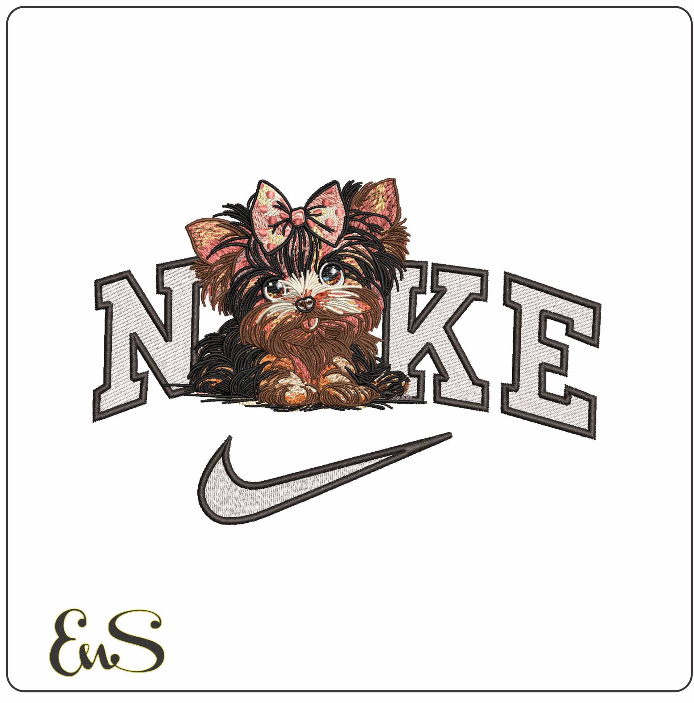 Nike Yorkshire Terrier Puppy with Bow- Elegant embroidery design file - instant download