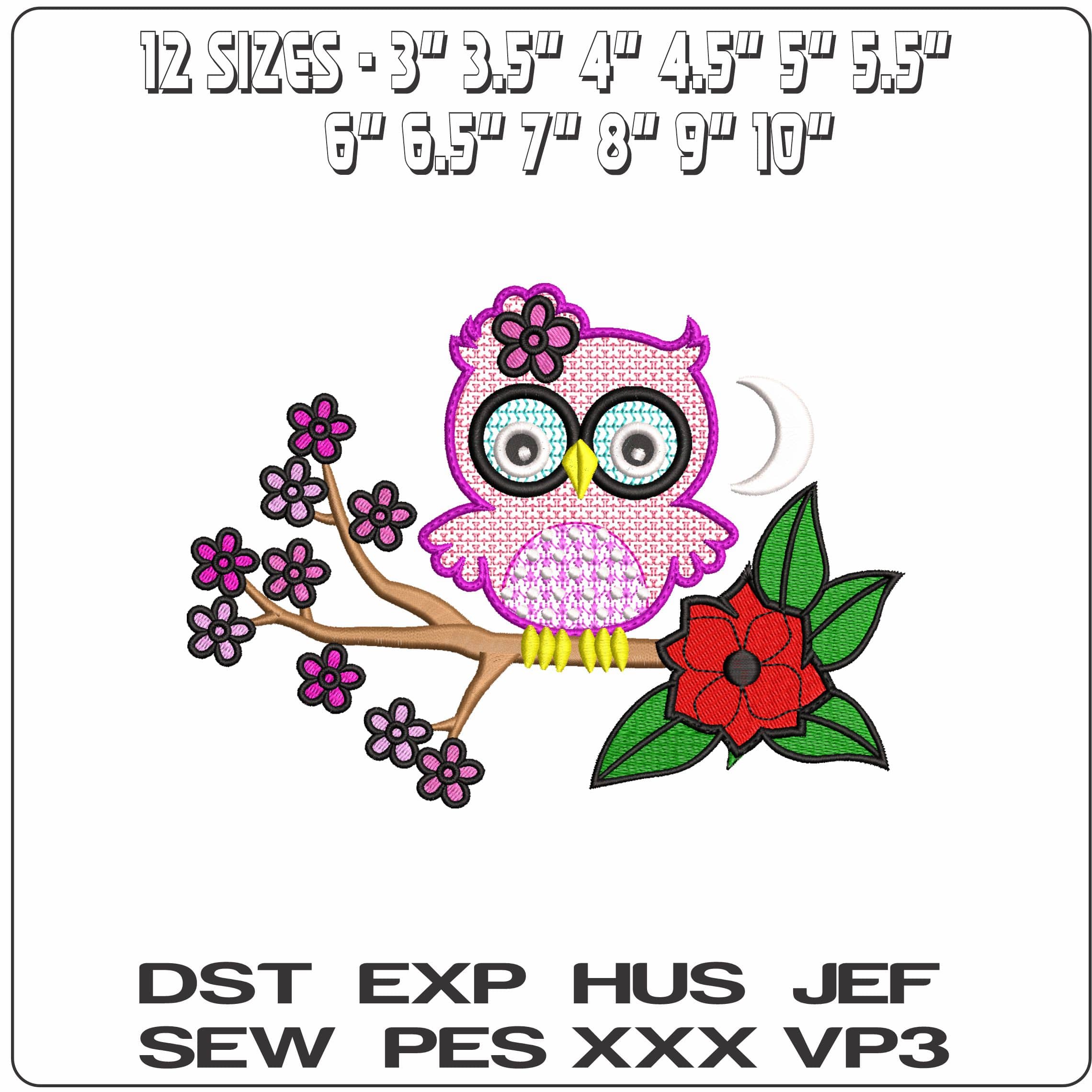 Owl on an Branch Children- Elegant embroidery design file - instant download — view 2