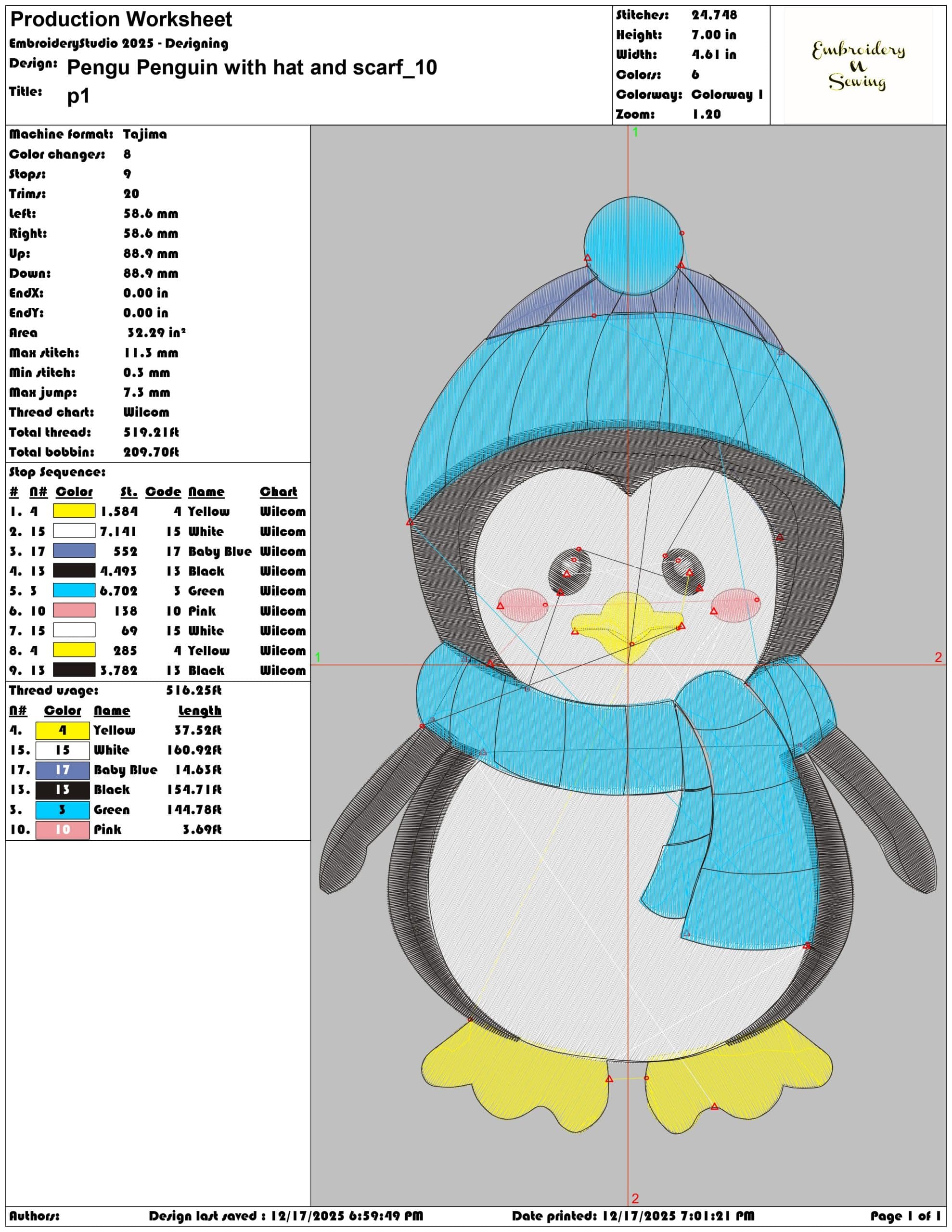 Pengu Penguin with hat and scarf- Elegant embroidery design file - instant download — view 3