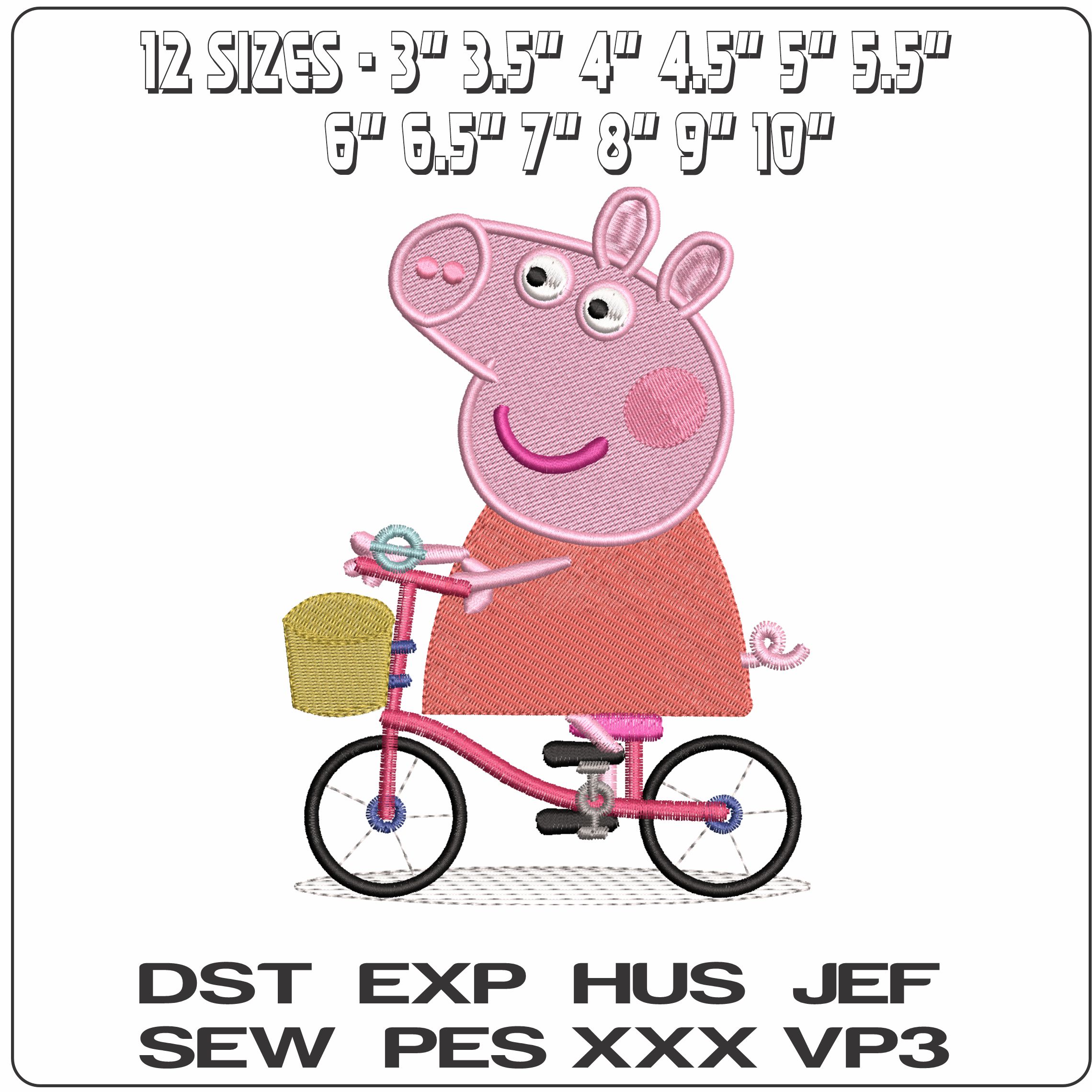 Peppa Pig on a bike- Elegant embroidery design file - instant download — view 2