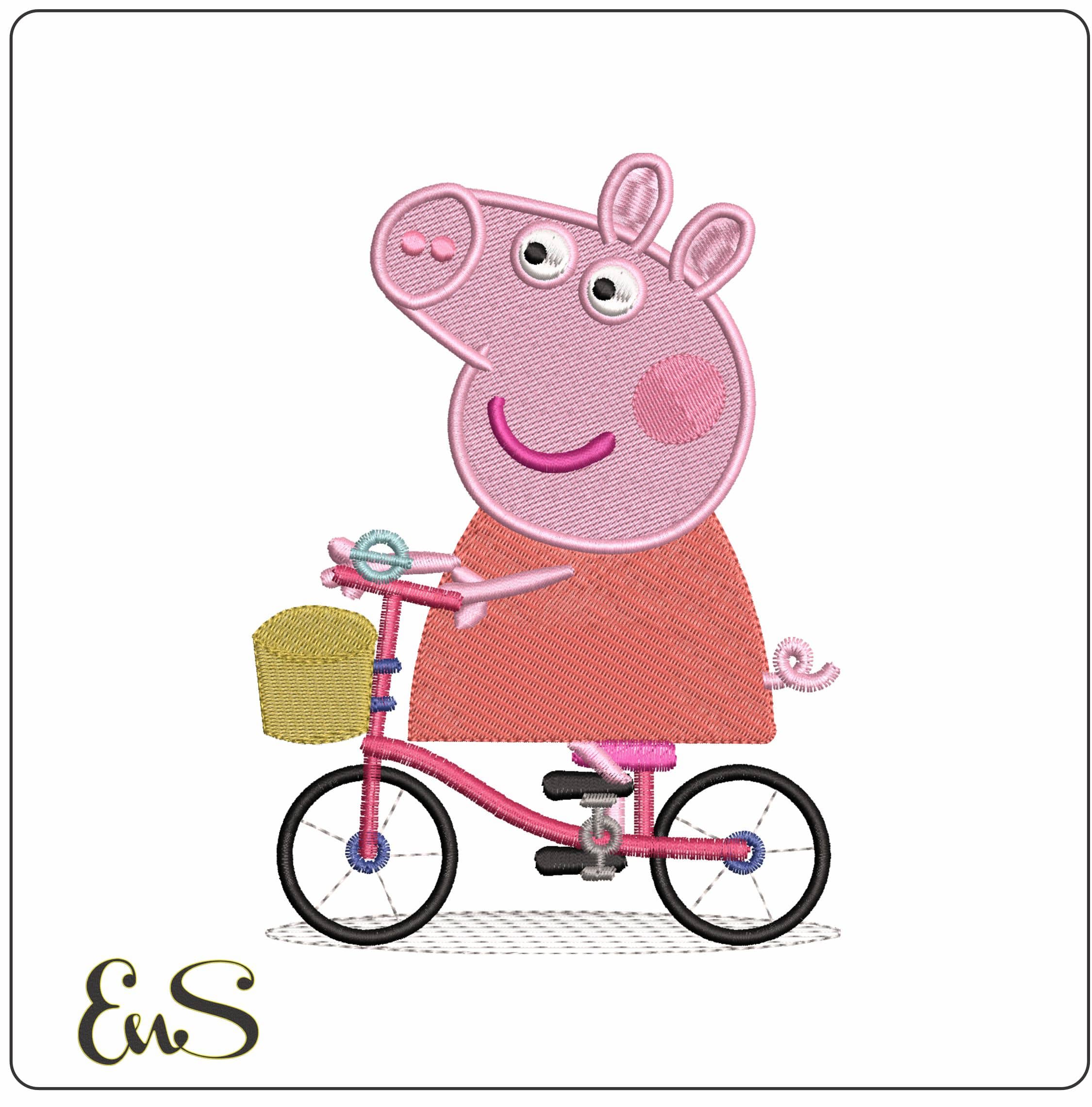 Peppa Pig on a bike- Elegant embroidery design file - instant download