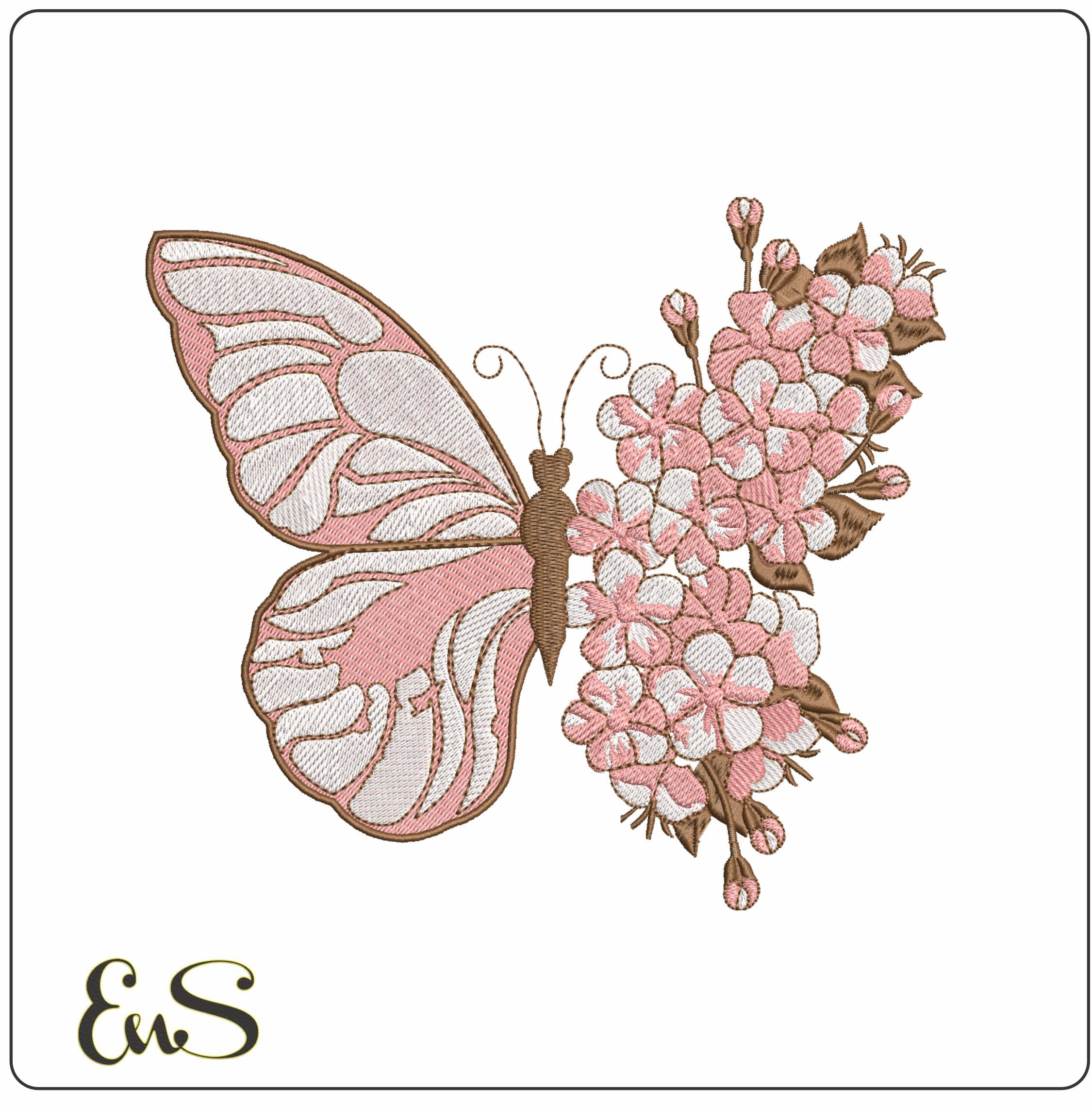 Pink Butterfly with Flower Wing- Elegant embroidery design file - instant download