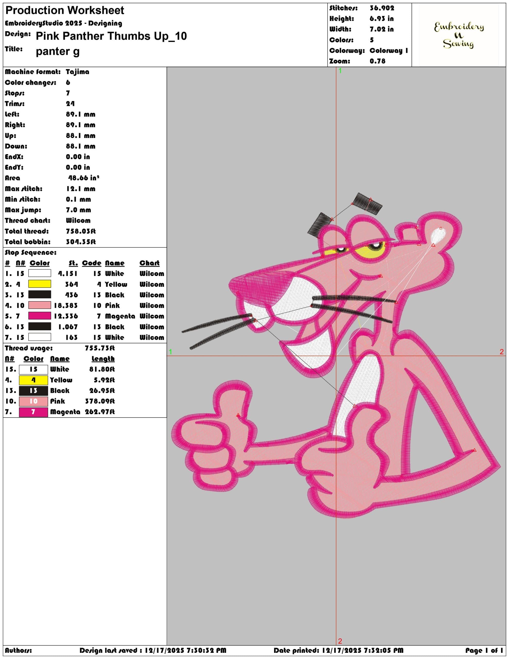 Pink Panther Thumbs Up- Elegant embroidery design file - instant download — view 3