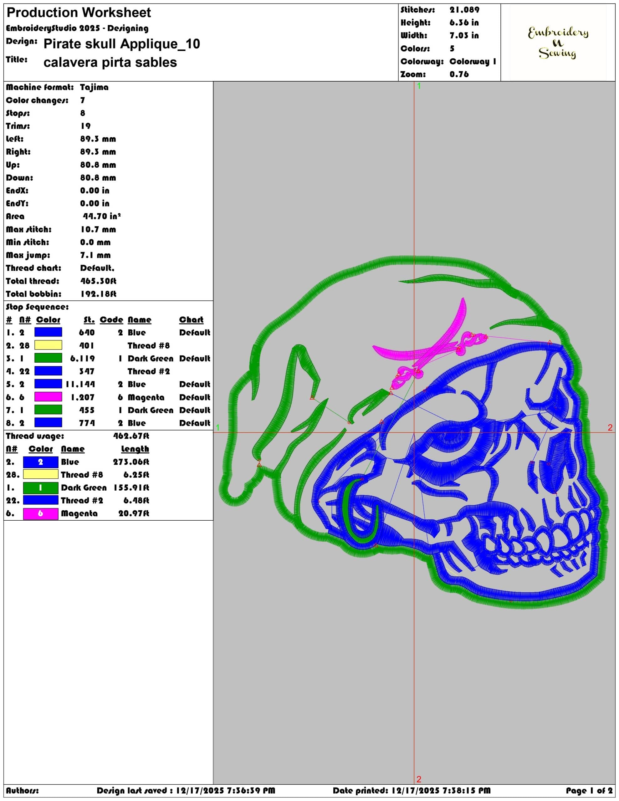 Pirate skull Applique- Elegant embroidery design file - instant download — view 3