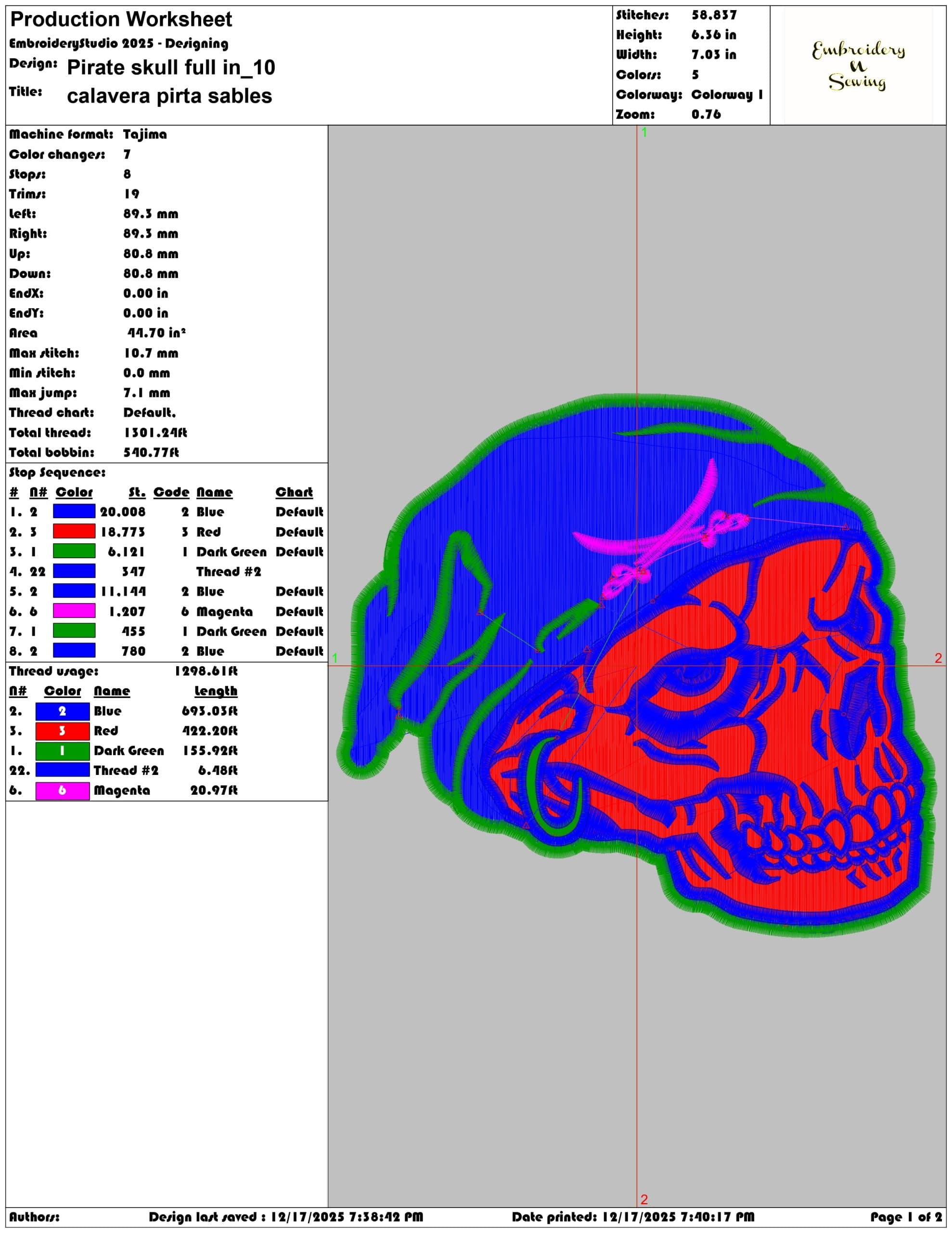 Pirate skull full in- Elegant embroidery design file - instant download — view 3