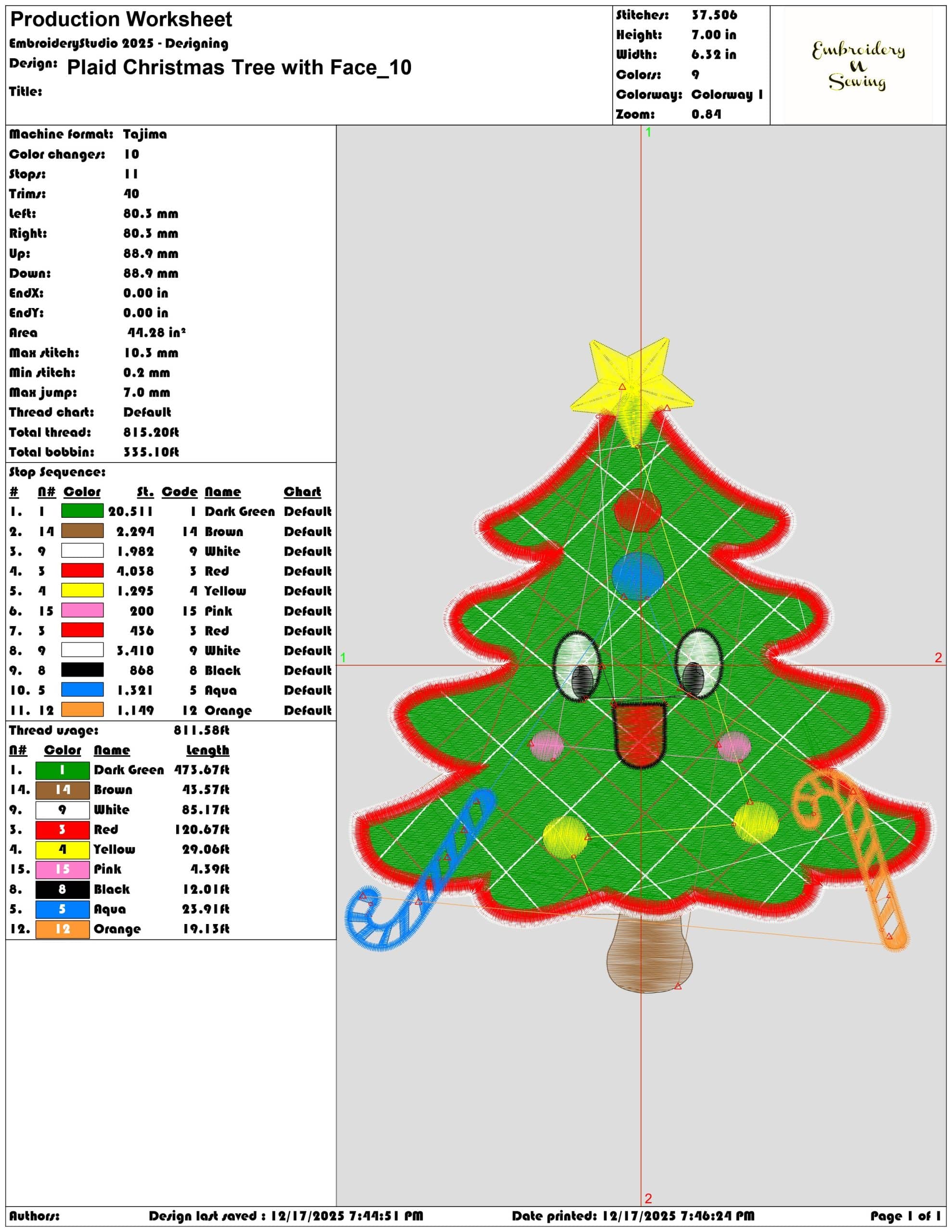 Plaid Christmas Tree with Face- Elegant embroidery design file - instant download — view 3