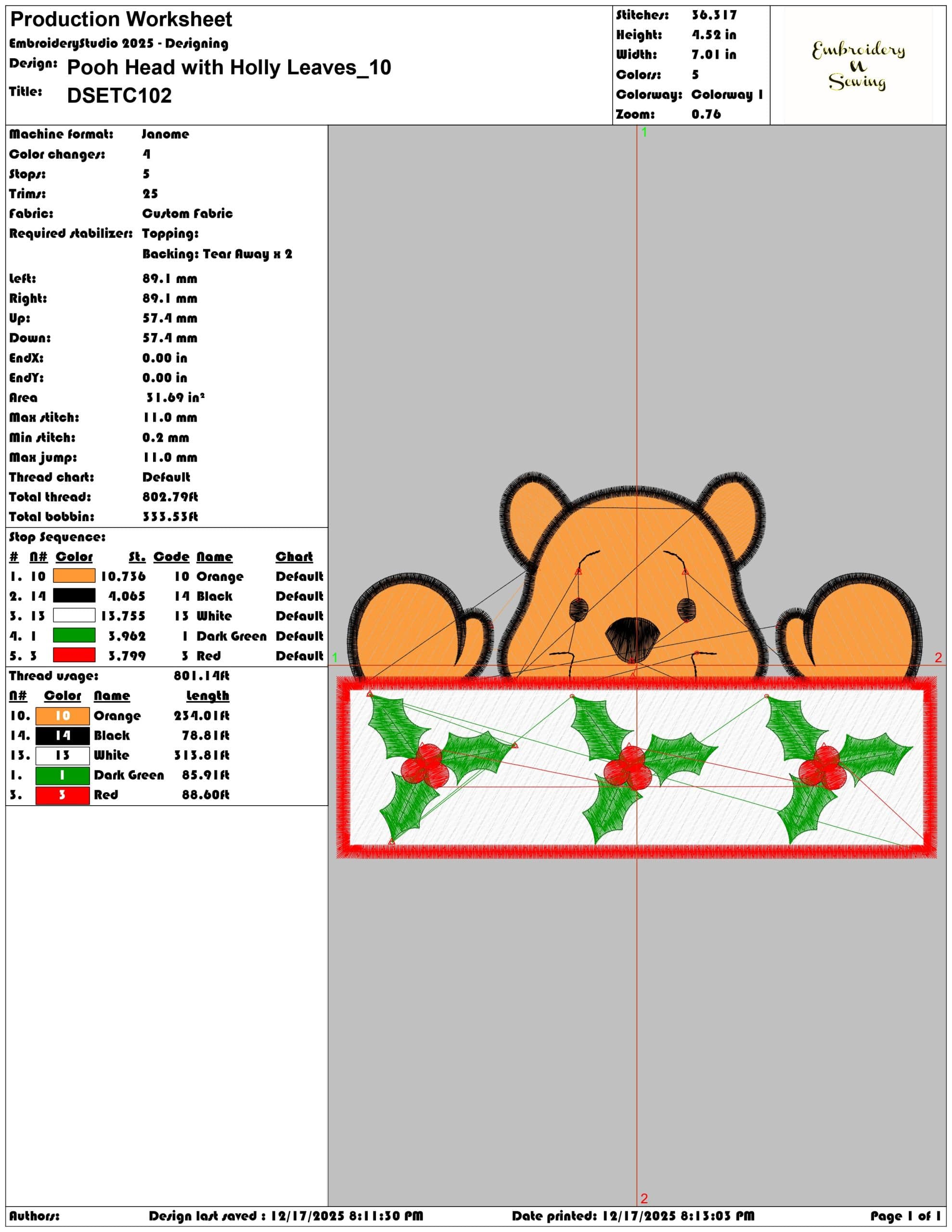 Pooh Head with Holly Leaves- Elegant embroidery design file - instant download — view 3