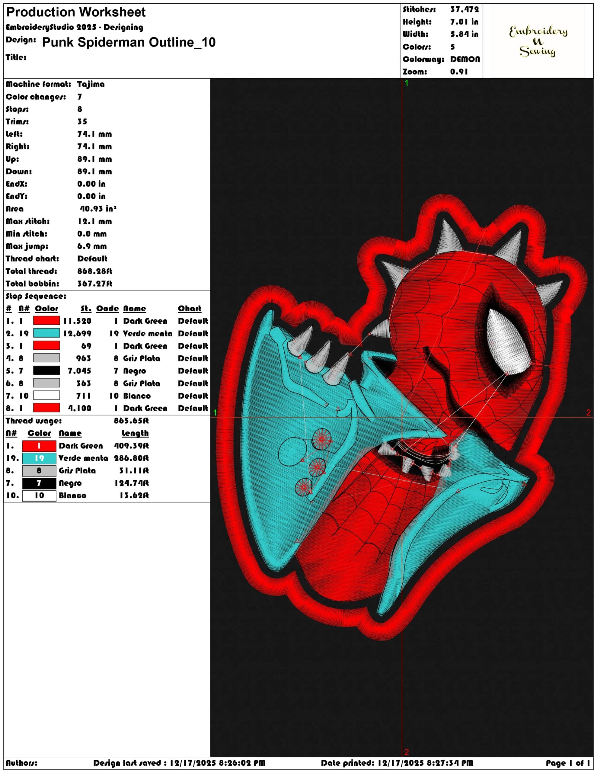 Punk Spiderman Outline- Elegant embroidery design file - instant download — view 3
