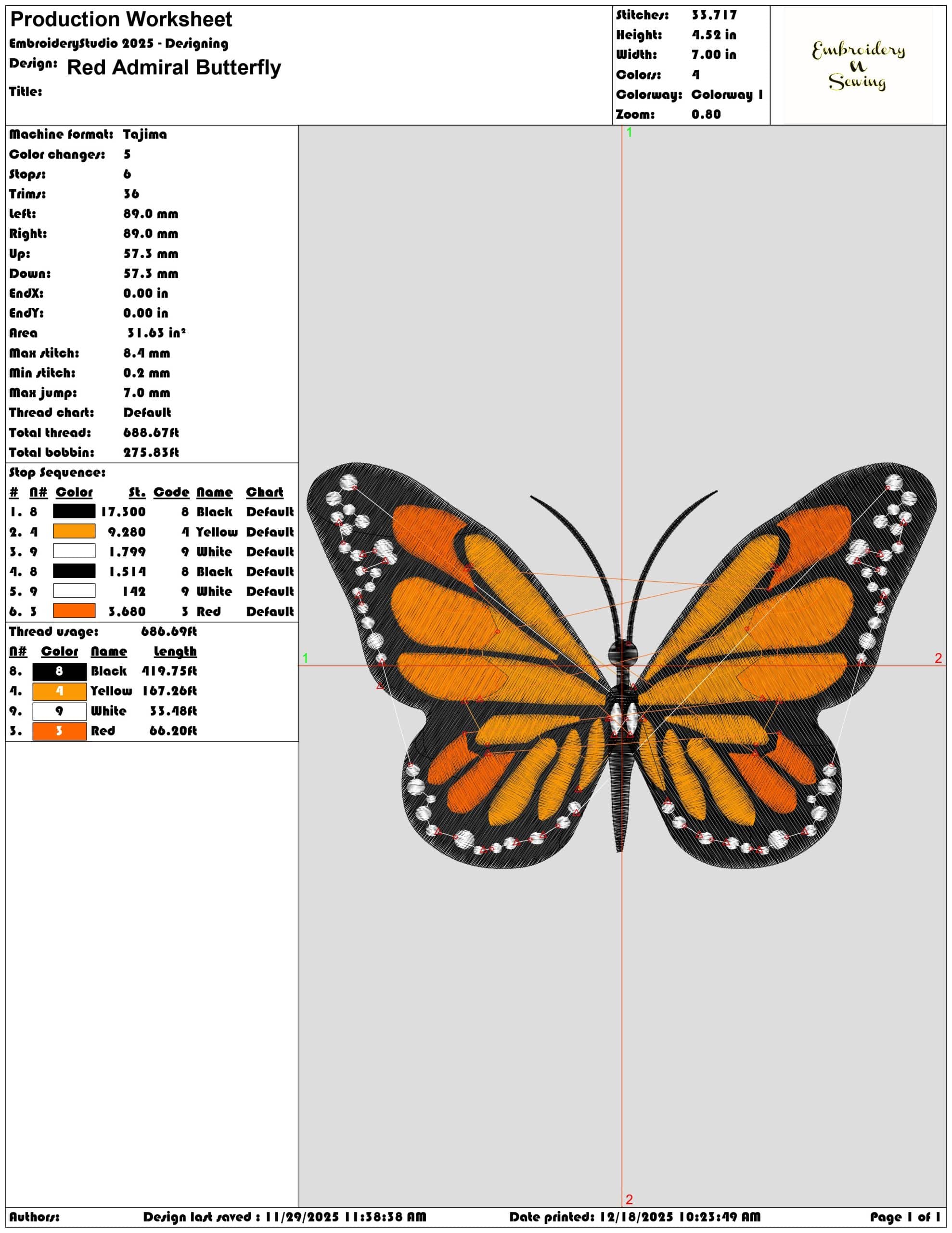 Red Admiral Butterfly- Elegant embroidery design file - instant download — view 3