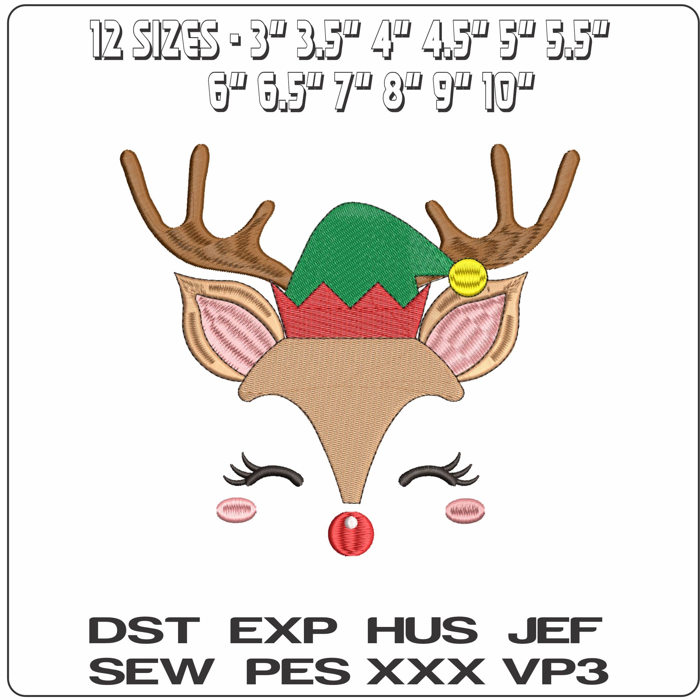 Reindeer Face with Elf Hat- Elegant embroidery design file - instant download — view 2