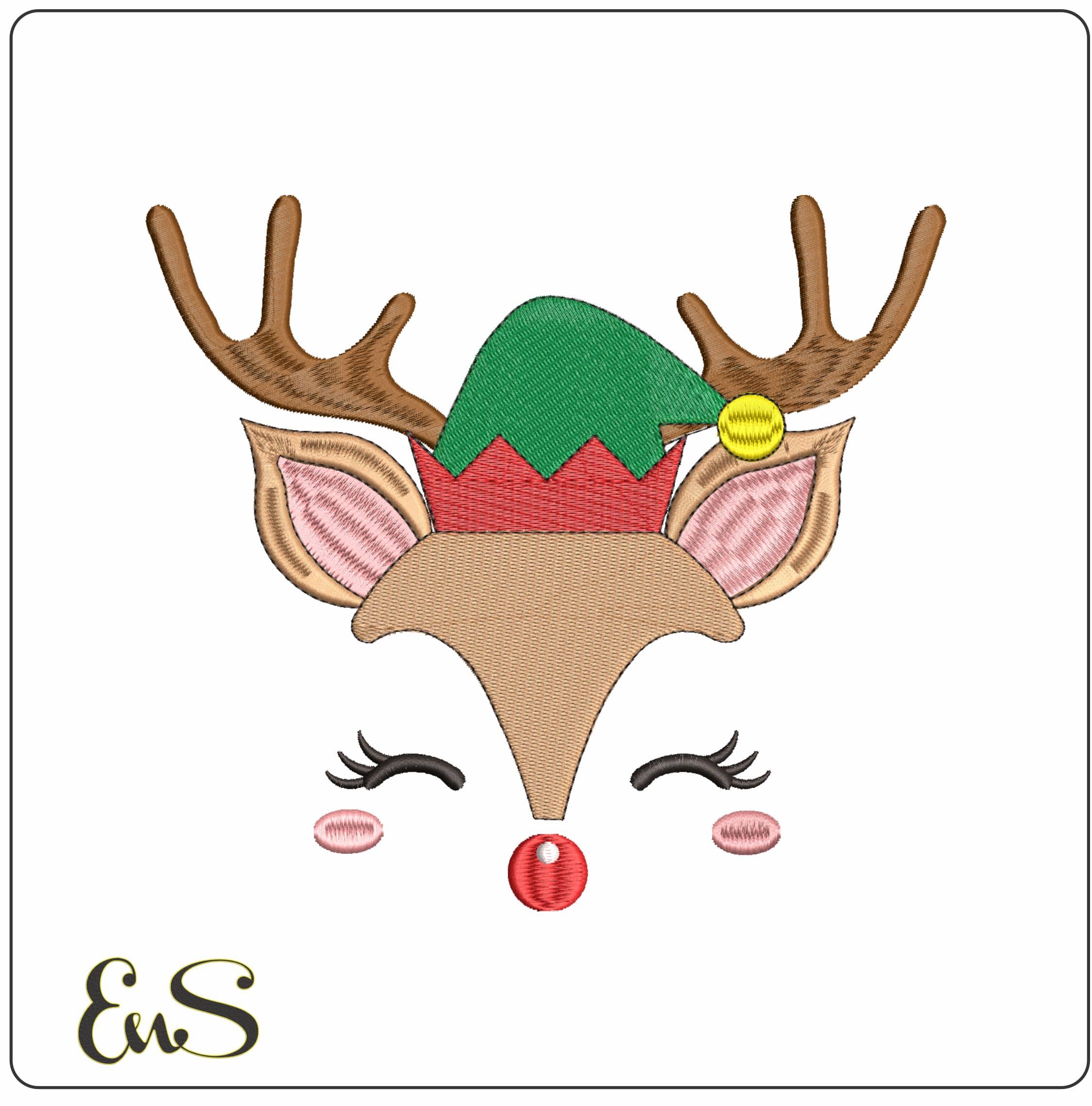 Reindeer Face with Elf Hat- Elegant embroidery design file - instant download