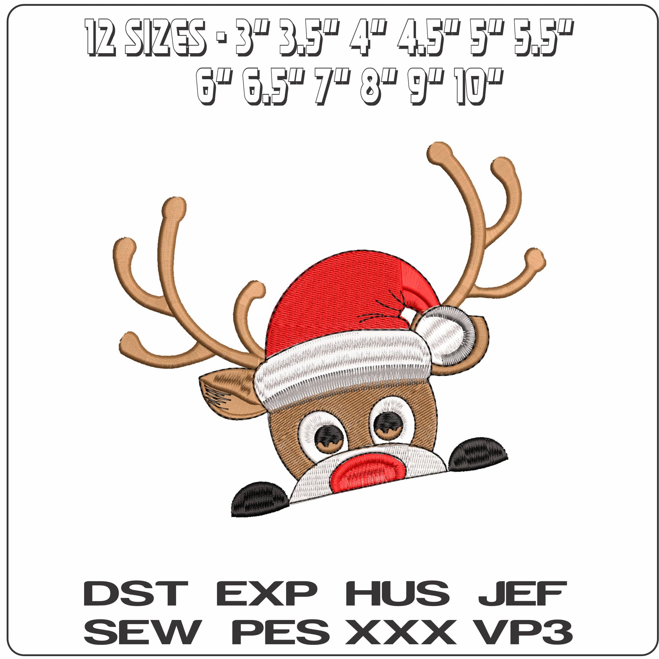 Reindeer Face with Santa Hat- Elegant embroidery design file - instant download — view 2
